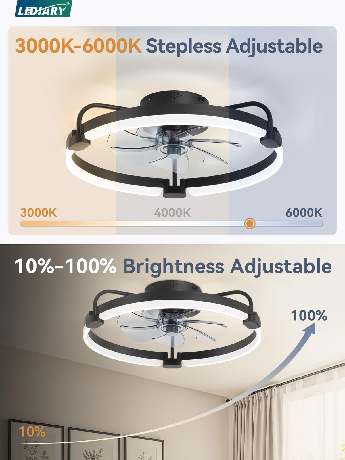 LEDIARY black flush-mount ceiling fan offers a sleek look and quiet operation