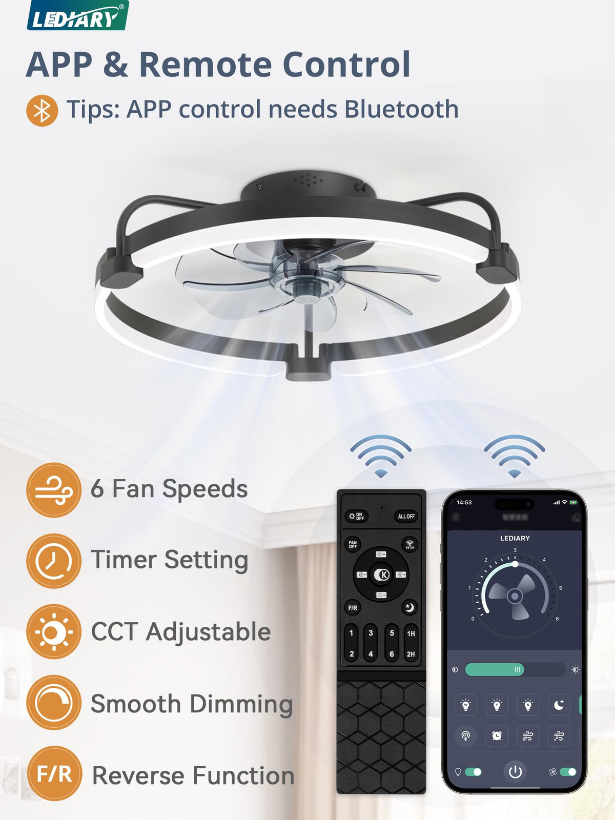 LEDIARY ceiling fan light dimmable from 3000K to 6000K for mood-ready illumination