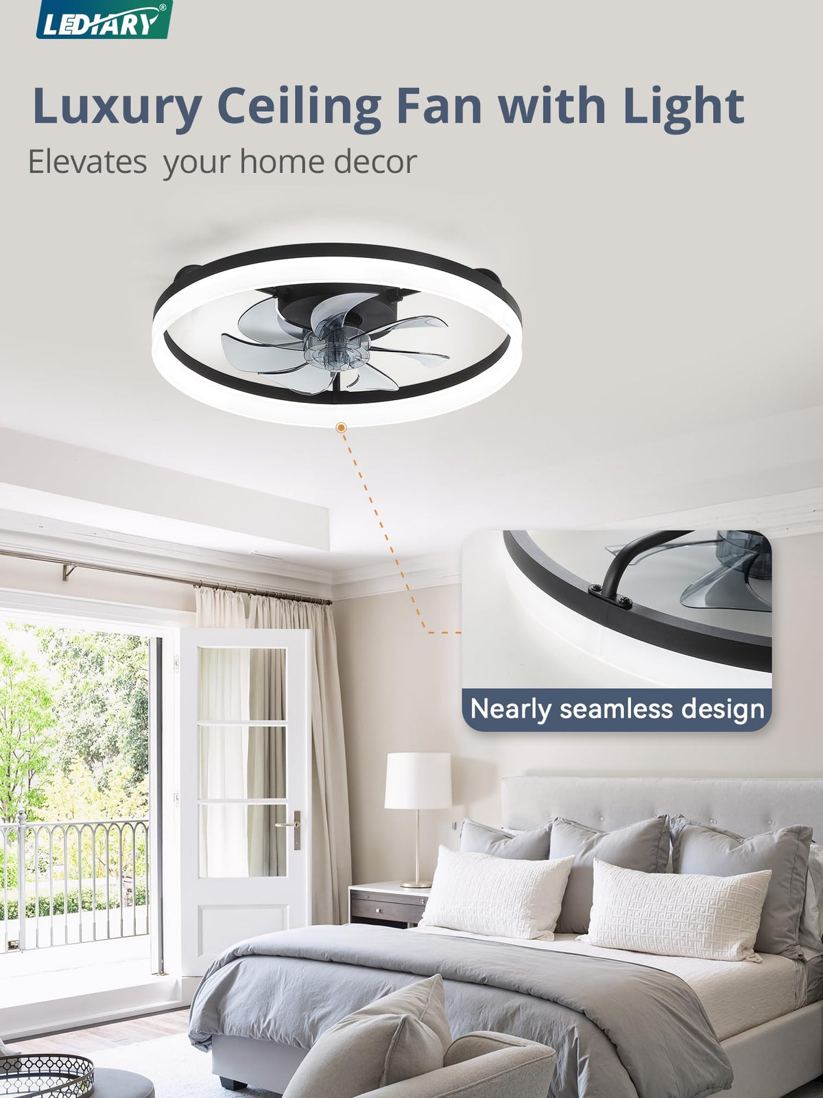 LEDIARY low-profile flush mount ceiling fan shown in compact space