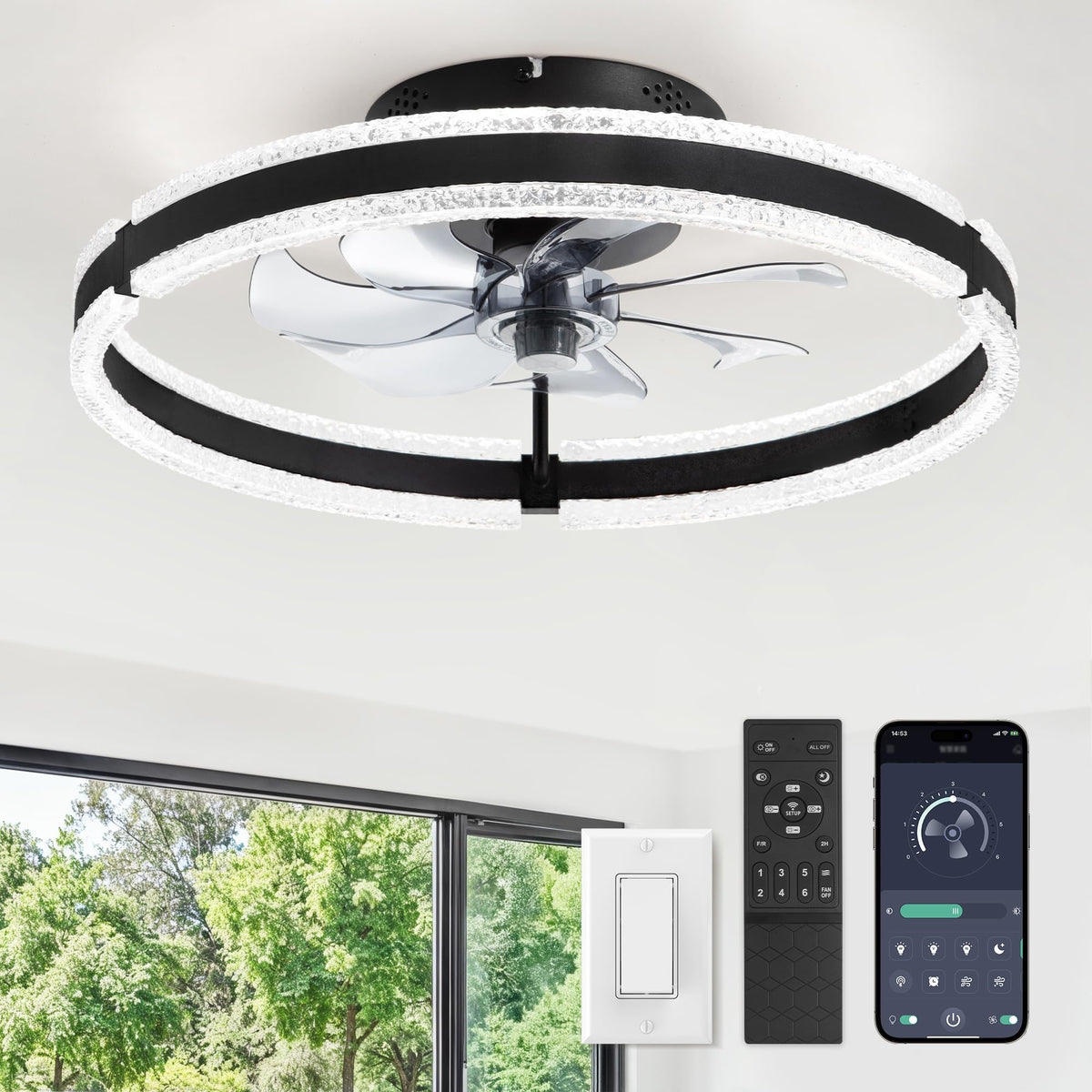 LEDIARY ceiling fan with remote and light, offering convenient control.