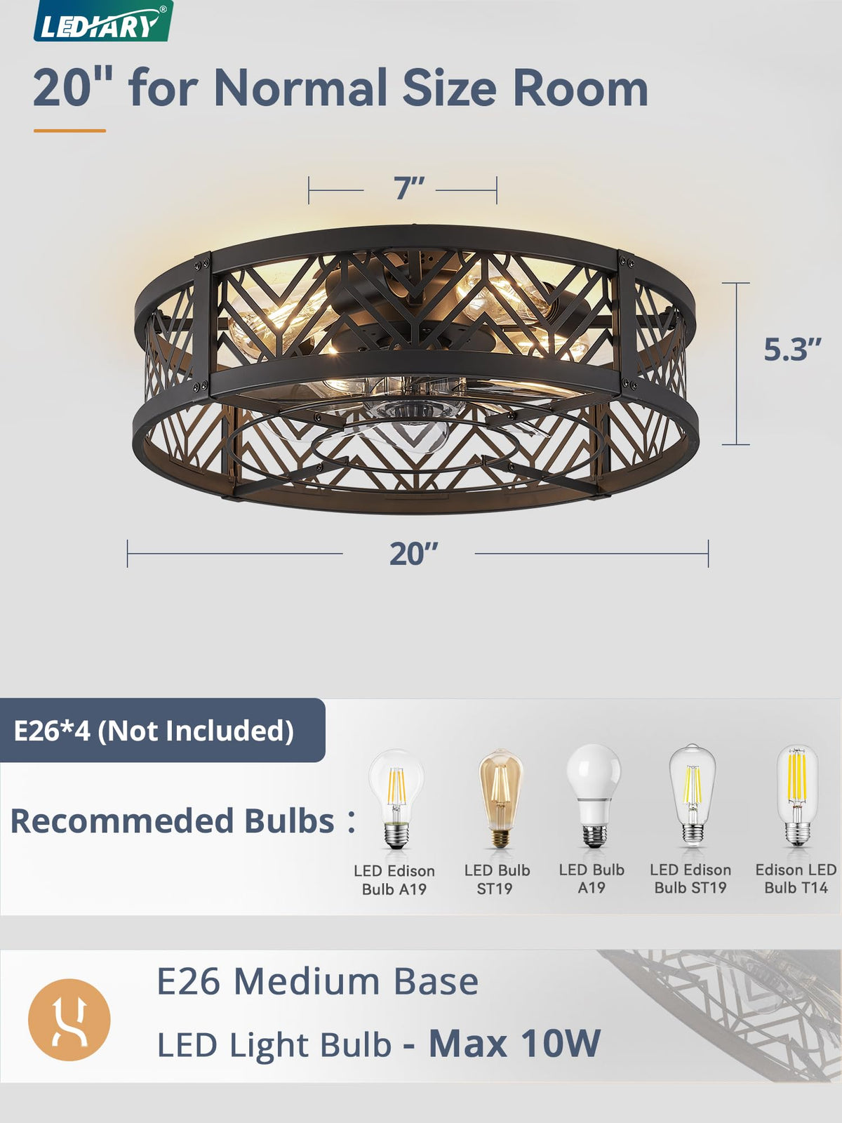 LEDIARY caged ceiling fan with light installed in dining room.