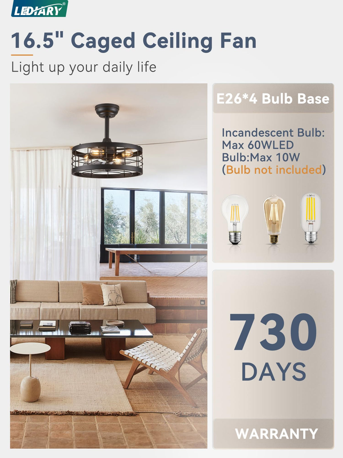 LEDIARY E26 bulbs not included; customize brightness with your preferred bulbs