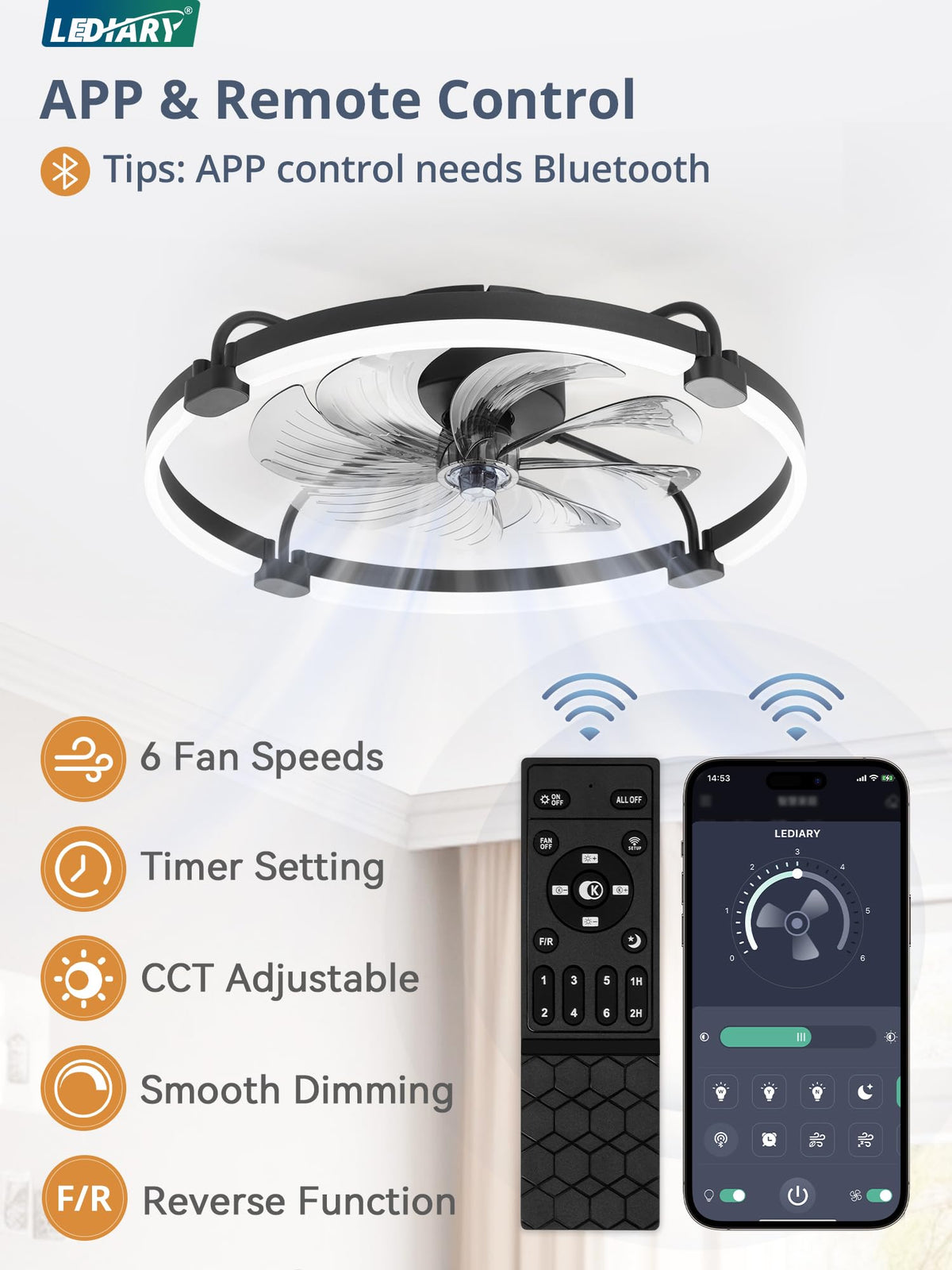 LEDIARY fandelier LED light with remote and app control for convenient operation.