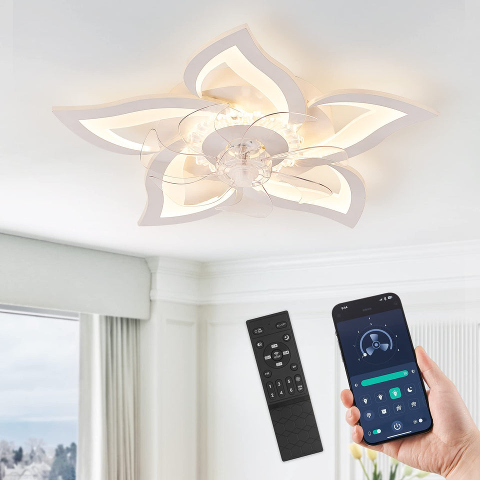 LEDIARY Flower ceiling fan light close-up showing quiet operation for bedroom ambience