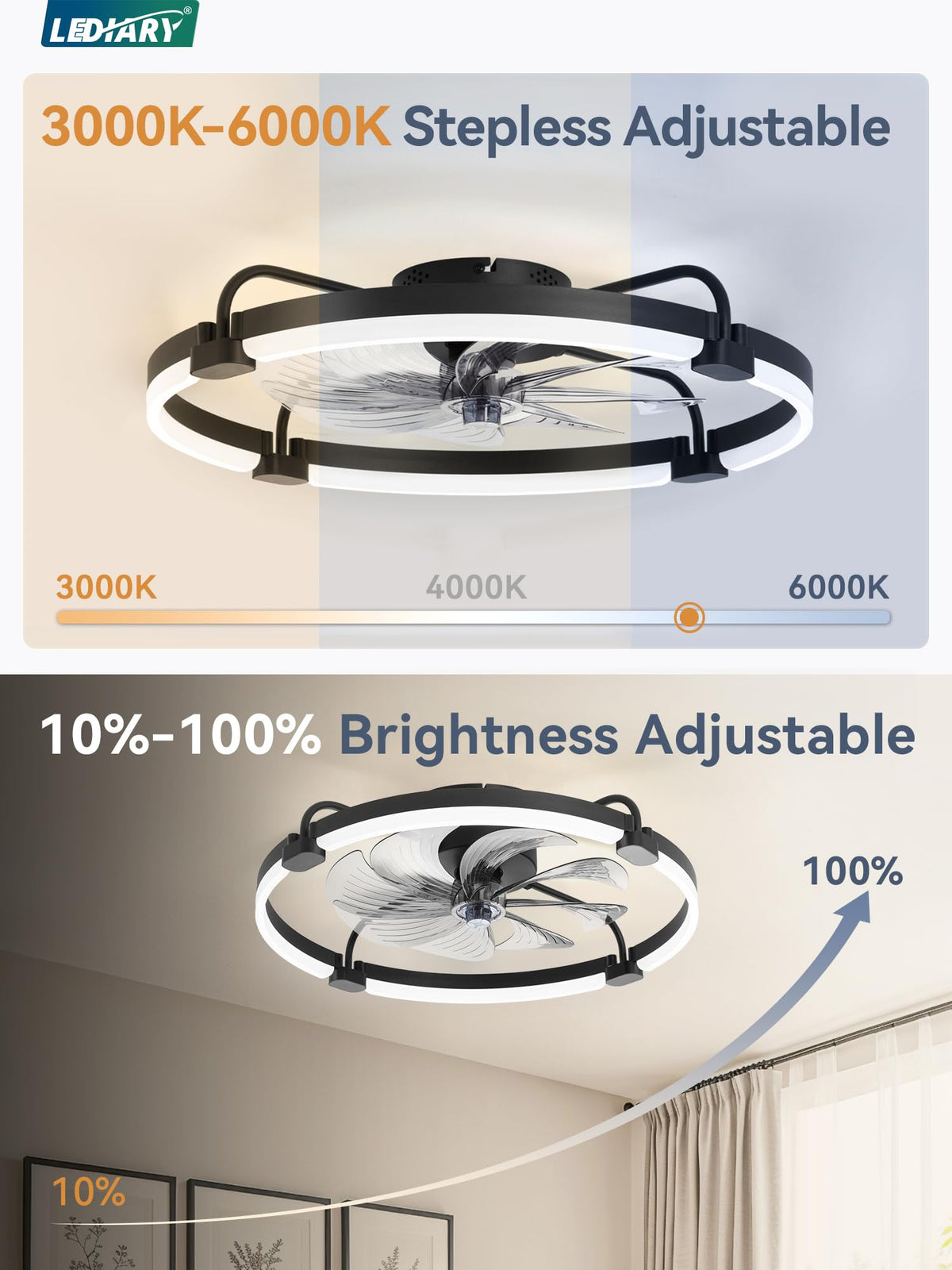 LEDIARY flush-mount ceiling fan with quiet DC motor for peaceful nights.