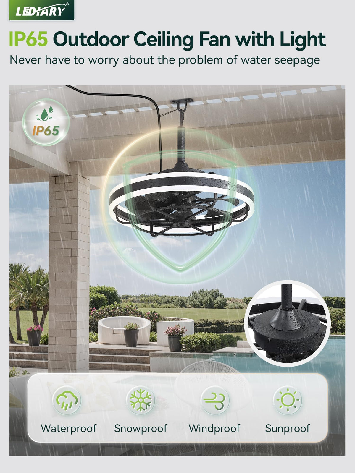 LEDIARY gazebo fan with hanging hook for easy ceiling installation.