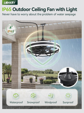 LEDIARY gazebo fan with hanging hook for easy ceiling installation.