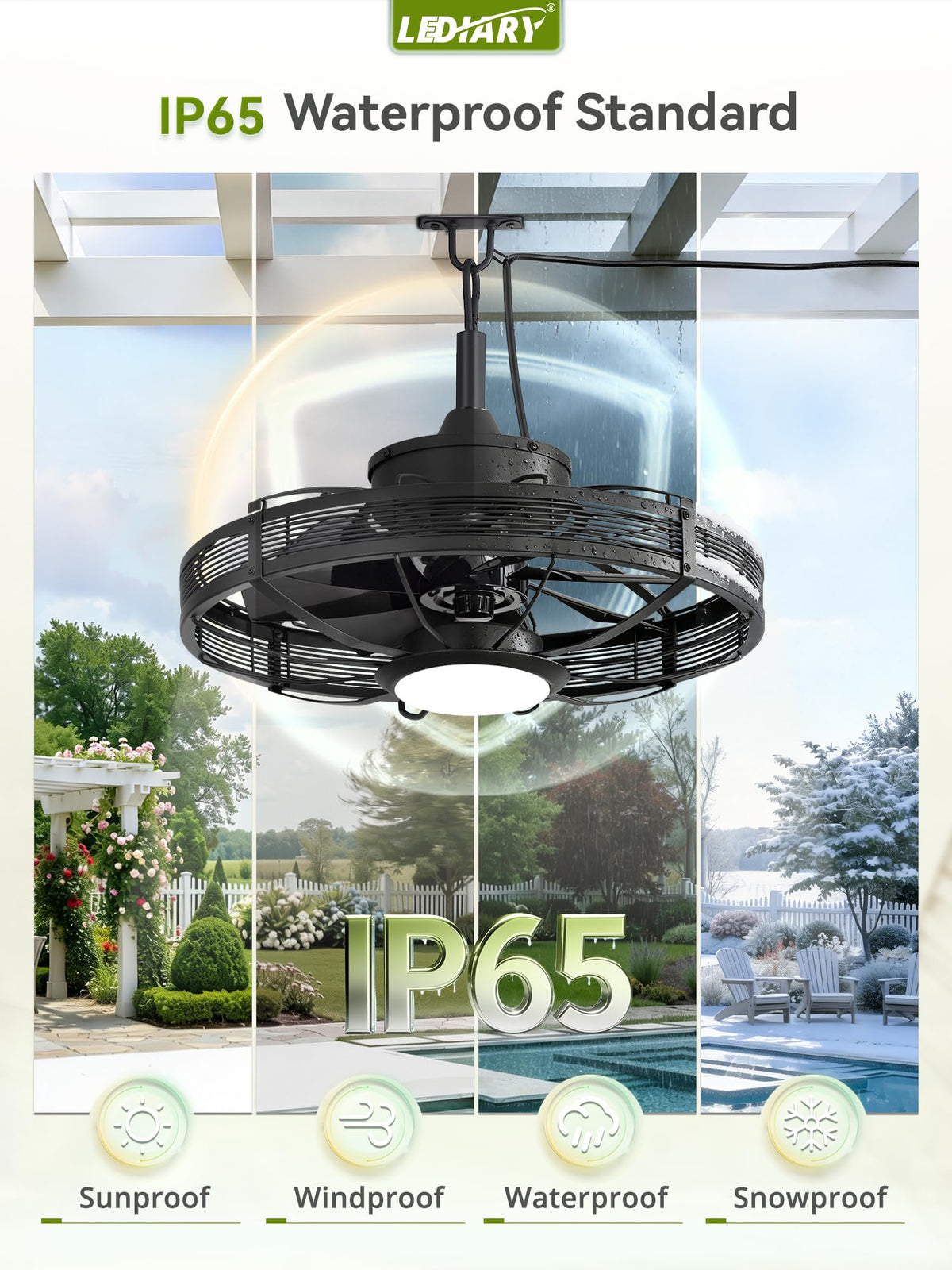 LEDIARY gazebo fan installation ready with plug-in power cable.