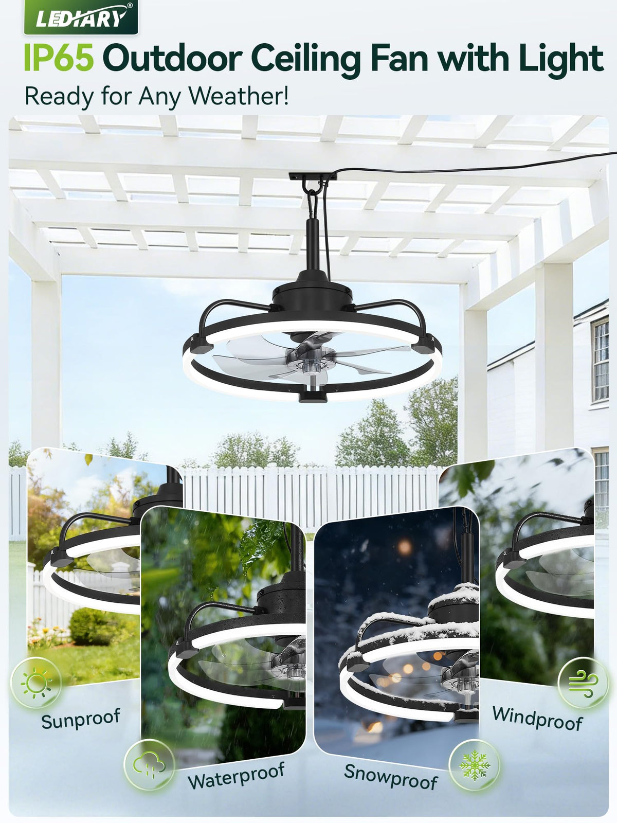 LEDIARY hanging hook ceiling fan ready for porch or pergola