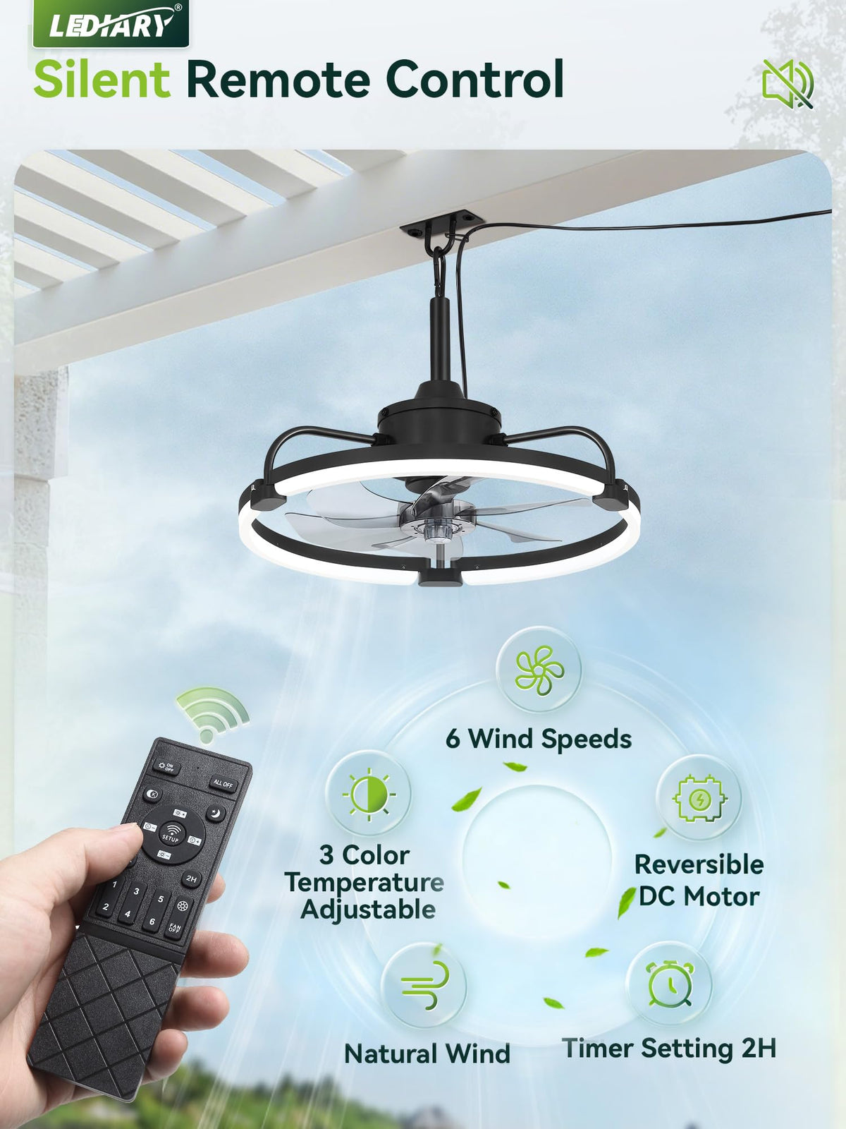 LEDIARY IP65 waterproof gazebo fan withstands rain and sun