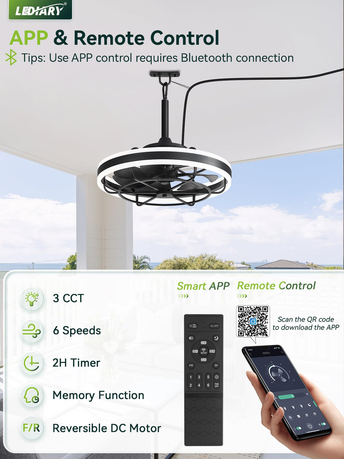 LEDIARY IP65 weatherproof fan for humid patios and pool areas.