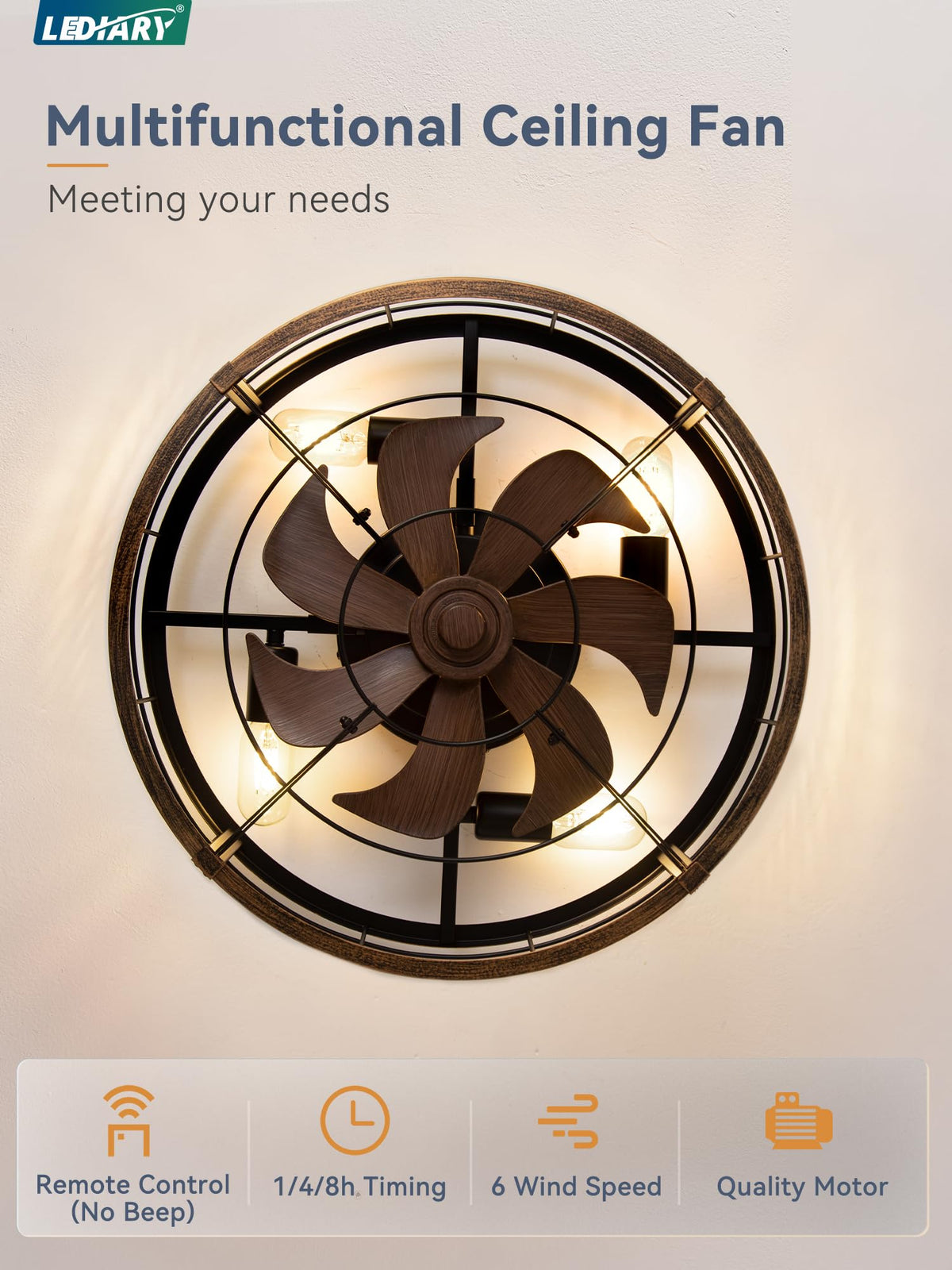 LEDIARY versatile fan suitable for kitchens, bedrooms, dining areas, and covered outdoor spaces.