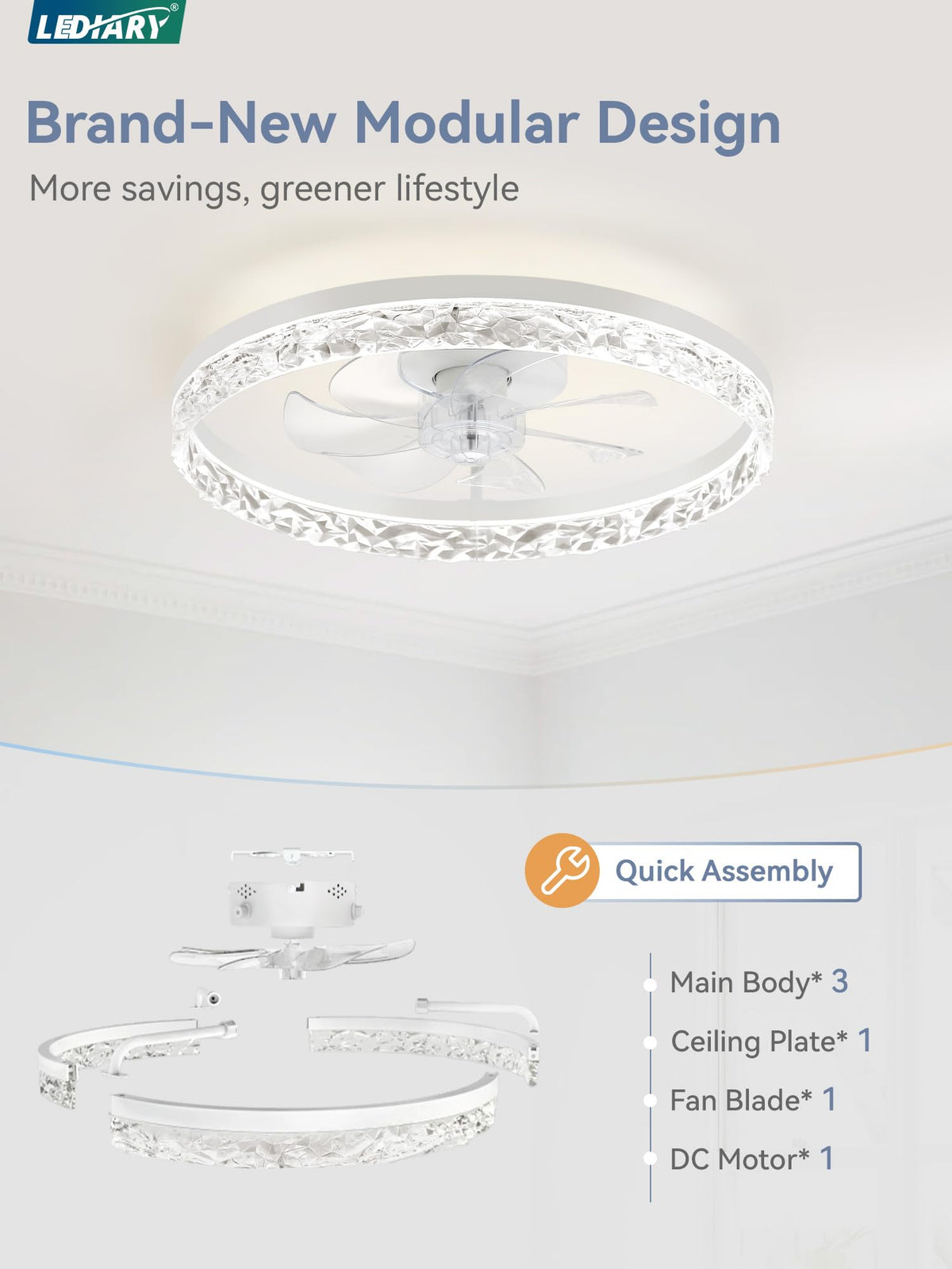 LEDIARY low-profile flush mount fan provides quiet, unobtrusive comfort.