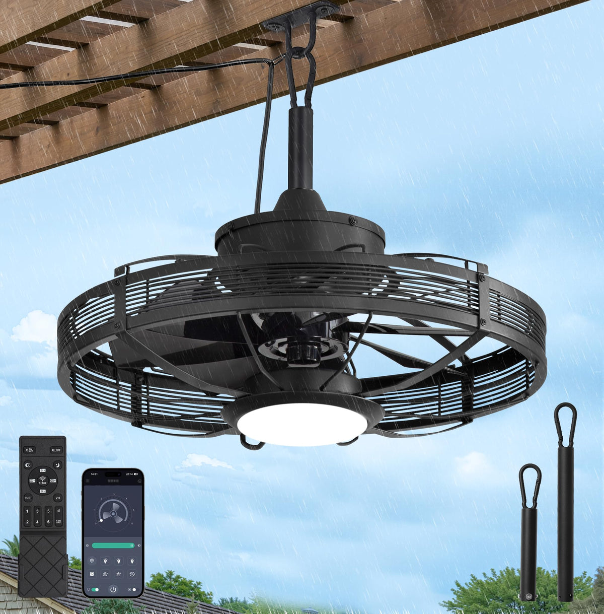 LEDIARY outdoor ceiling fan with lights over gazebo for cool evenings.