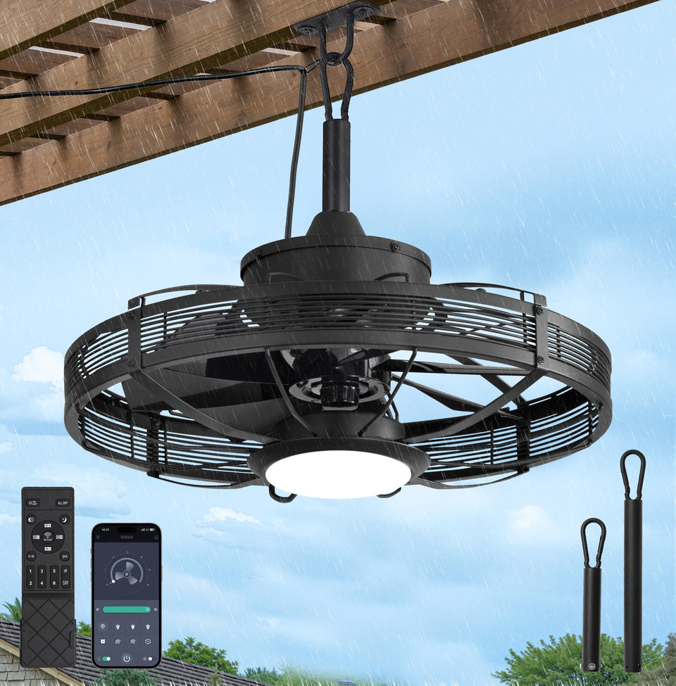 LEDIARY outdoor ceiling fan with lights over gazebo for cool evenings.