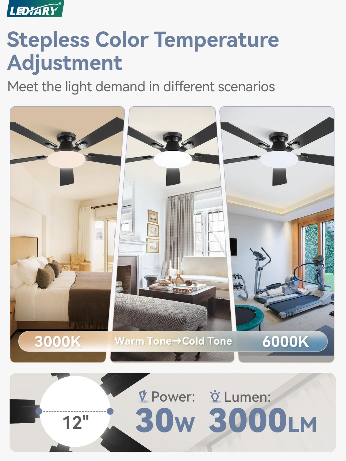 LEDIARY quiet 60W DC motor delivers strong airflow with low noise.