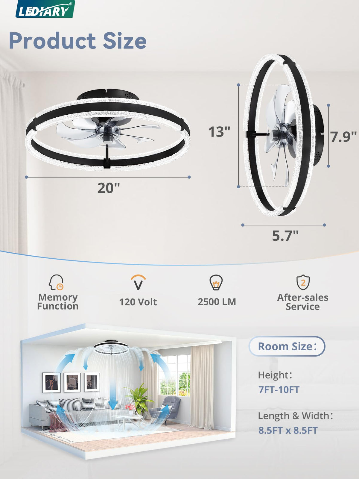 LEDIARY six-speed ceiling fan suitable for various rooms.