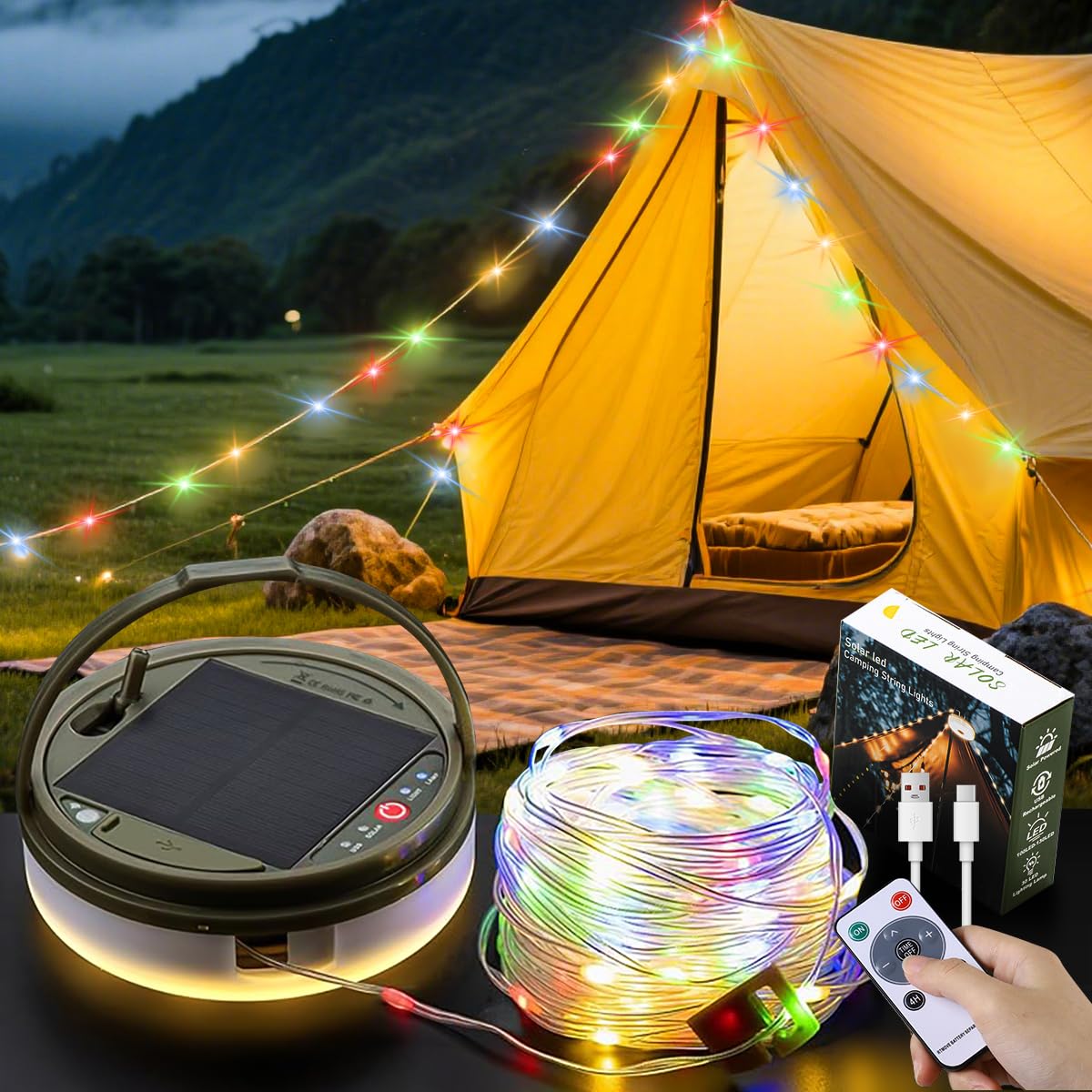 LEDLAY 40ft solar camping string lights with retractable design for easy packing.