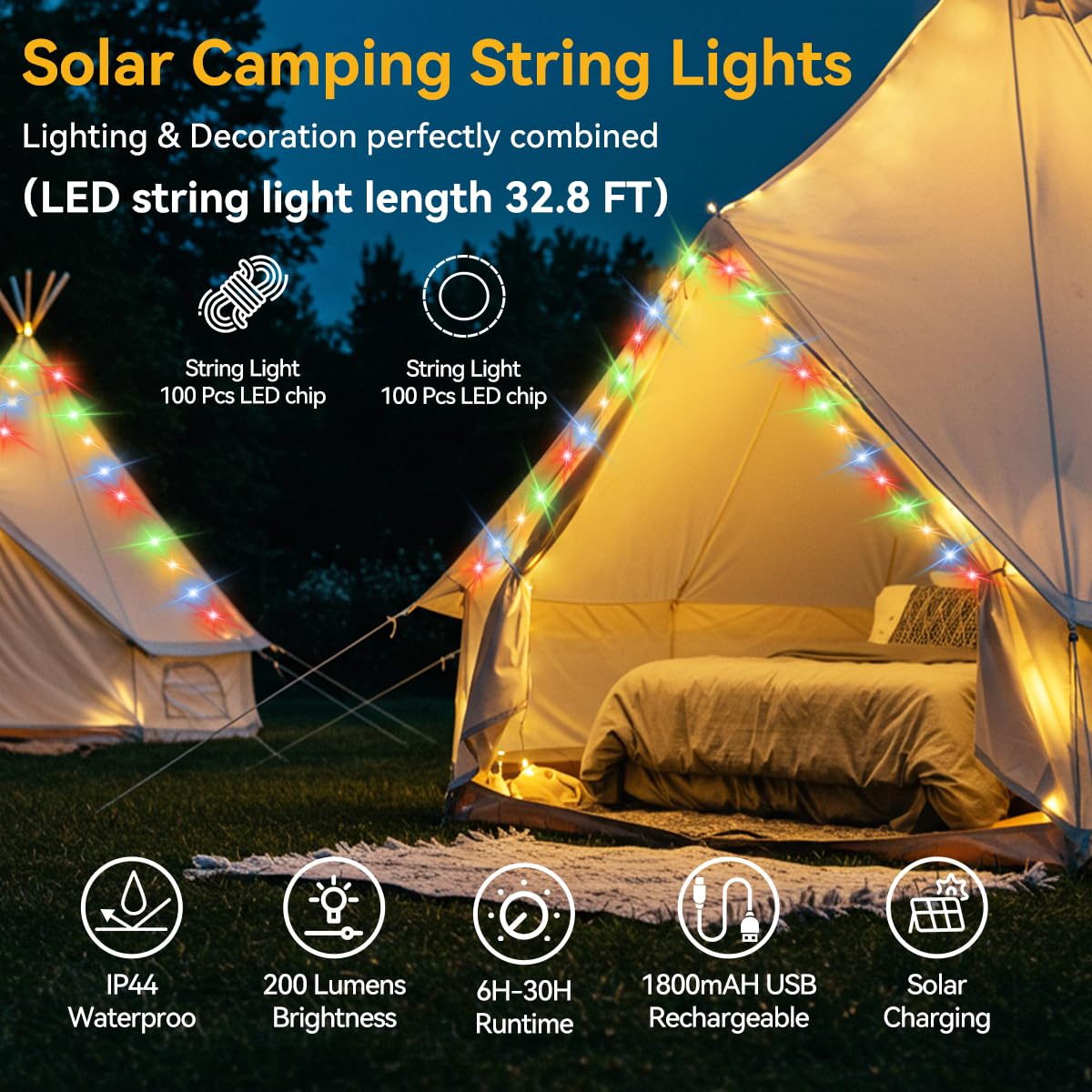 LEDLAY solar camping lights showing eight modes for versatile outdoor ambiance.