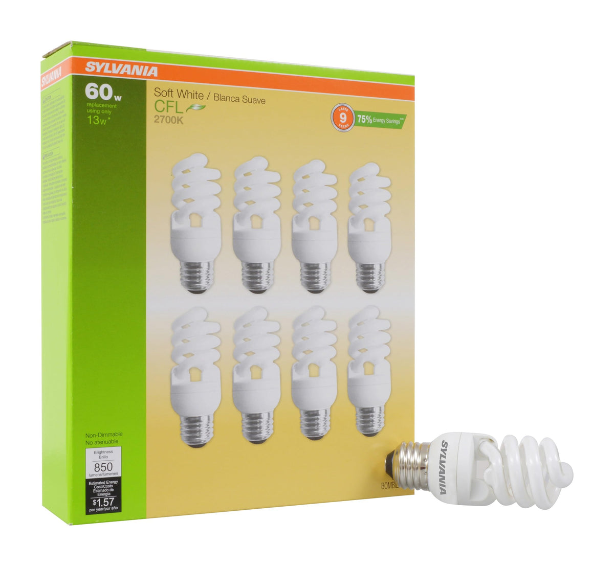 LEDVANCE Sylvania CFL T2 Twist bulb provides 850 lumens for bright ambient lighting in living rooms.