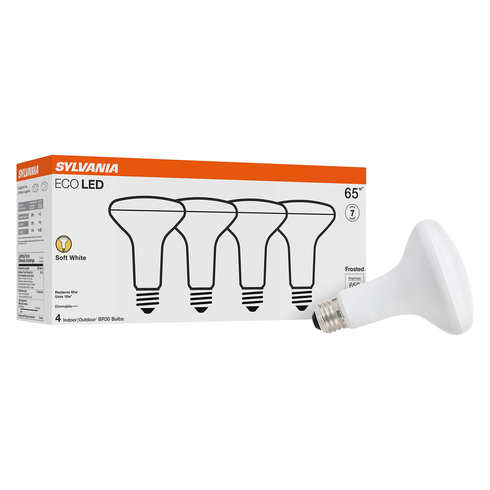 LEDVANCE Sylvania ECO BR30 soft white 2700K, energy-efficient replacement for incandescent bulbs.
