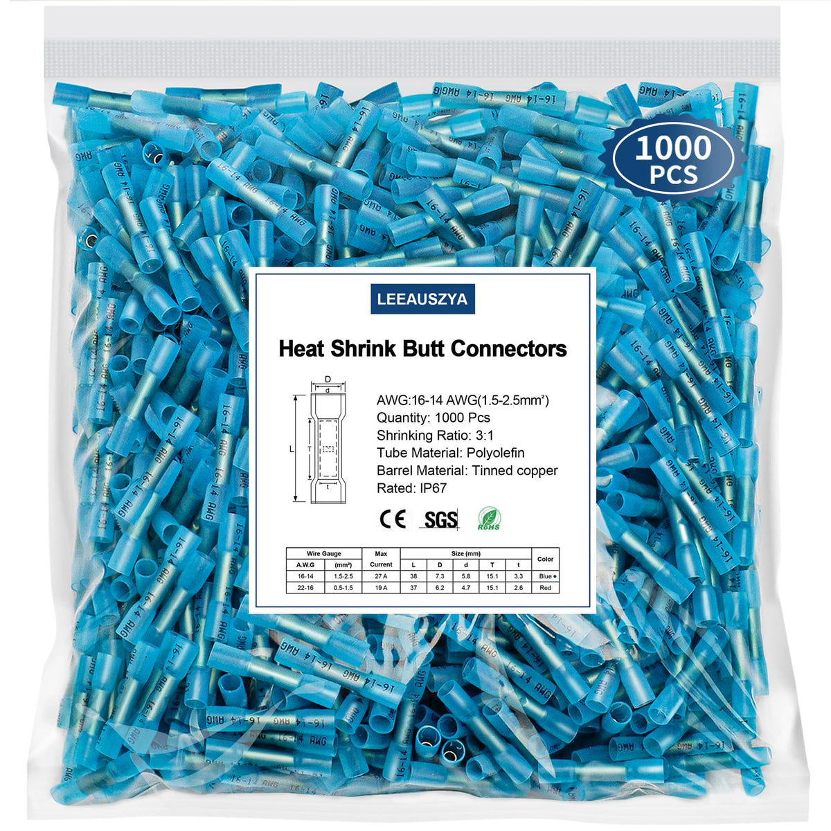 Leeauszya heat shrink butt connector blue 16-14 AWG for durable marine wiring