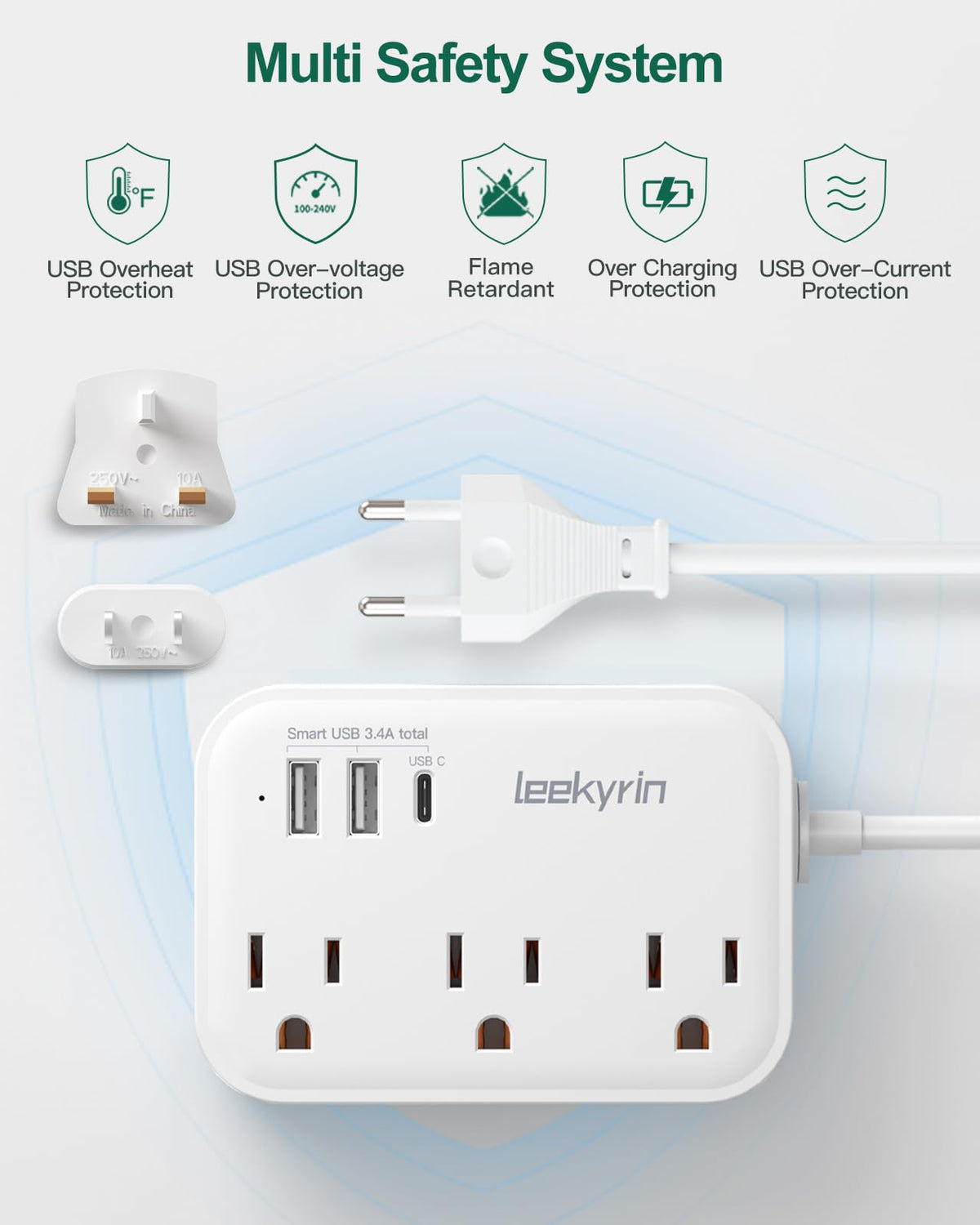 Leekyrin 3ft extension cord with copper wiring and safety shell