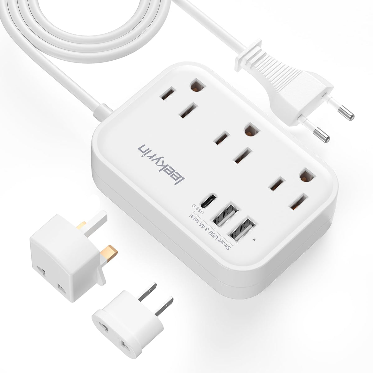 Leekyrin European travel plug adapter front angle showing compact design for easy packing