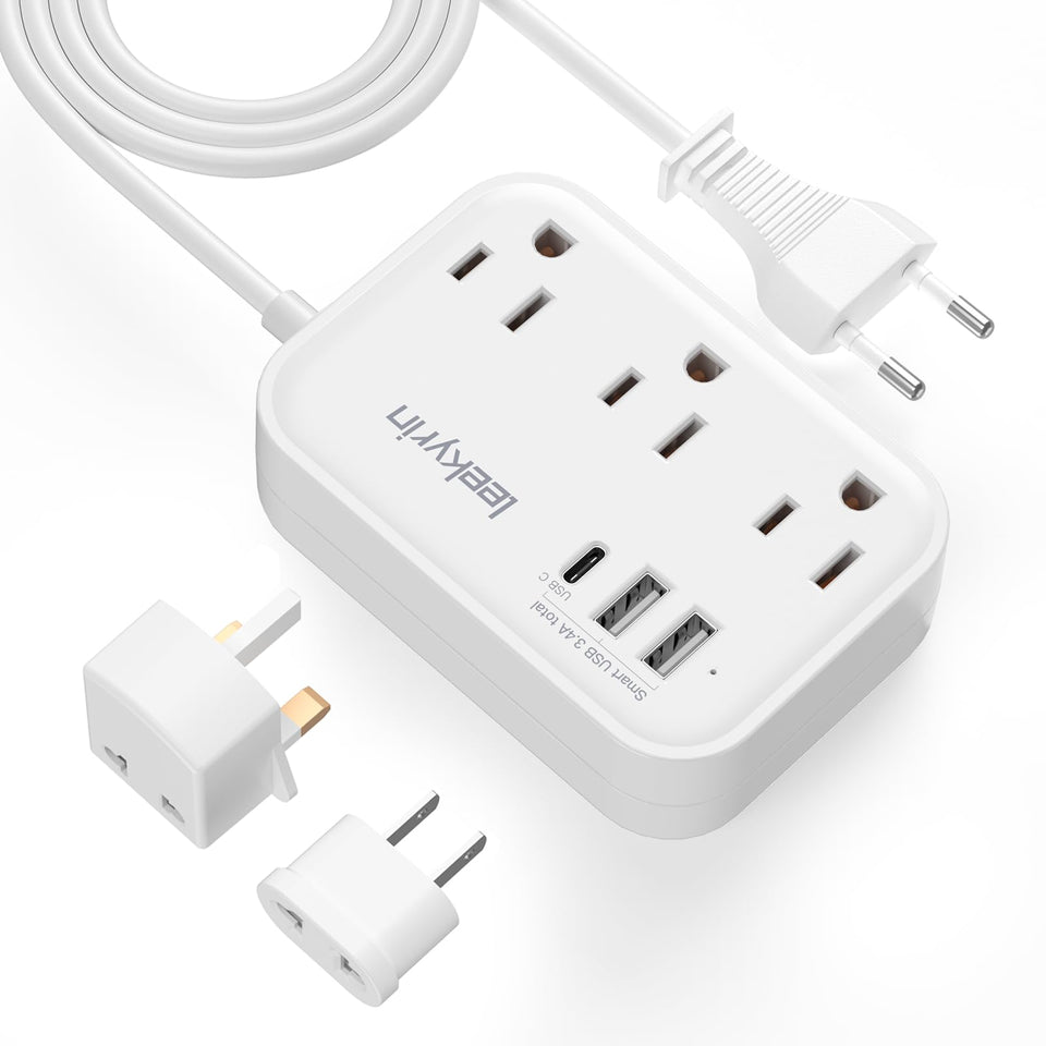 Leekyrin European travel plug adapter front angle showing compact design for easy packing