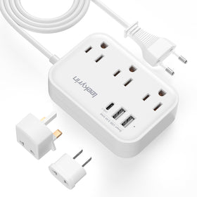 Leekyrin European travel plug adapter front angle showing compact design for easy packing