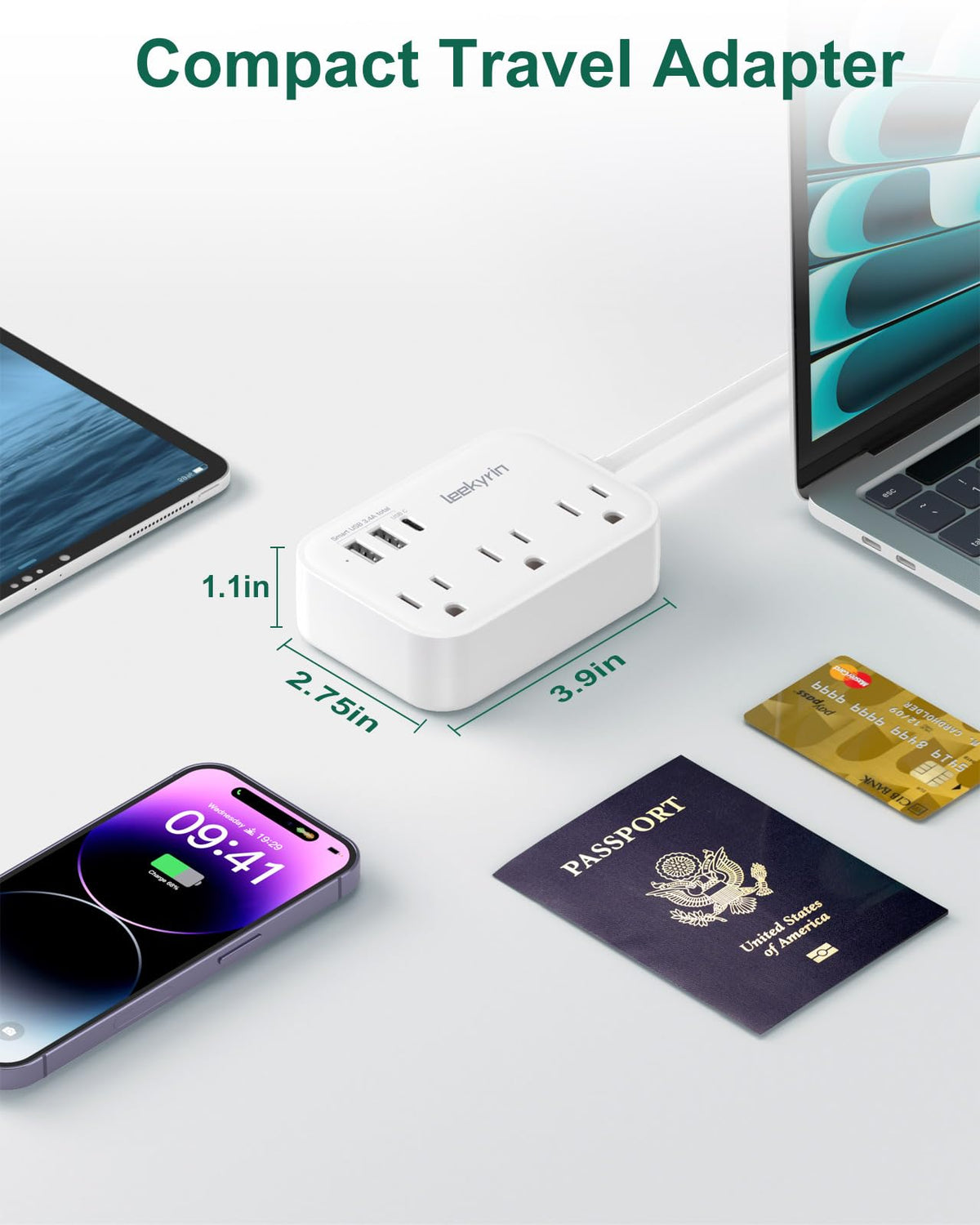 Leekyrin three-outlet power strip with extension cord for travel setup
