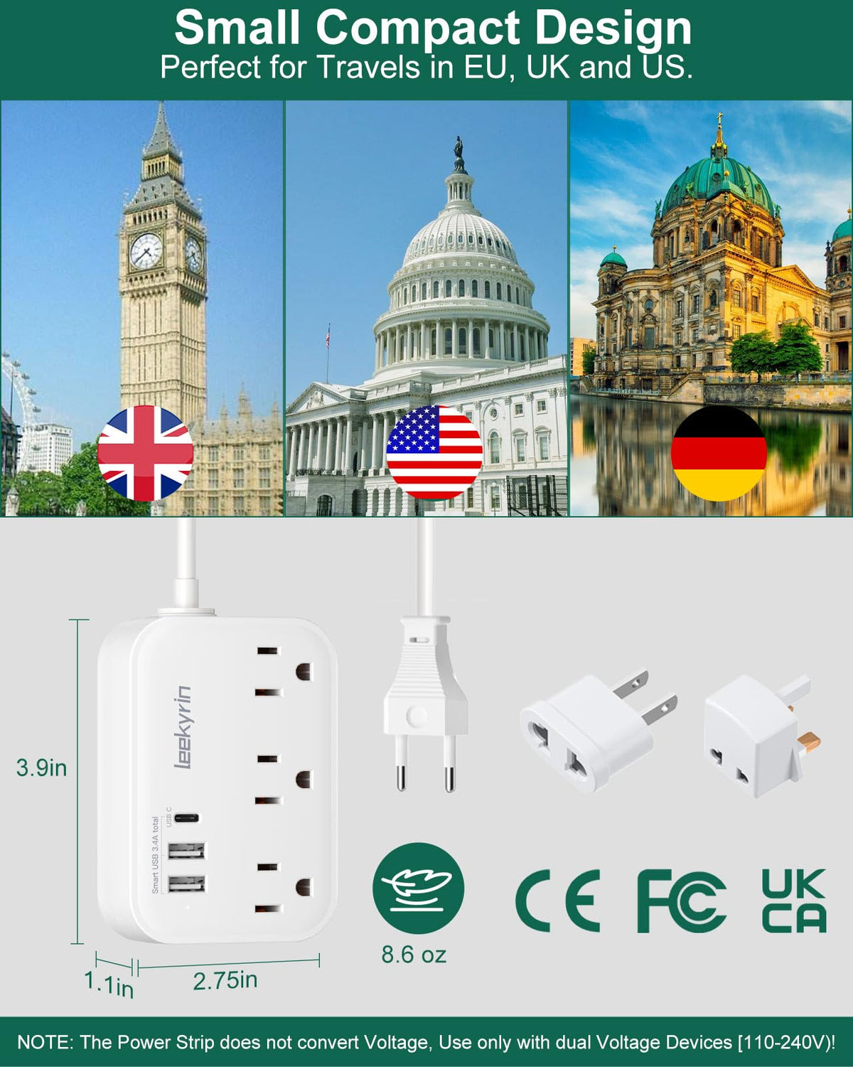 Leekyrin travel adapter US Type A port for North American devices