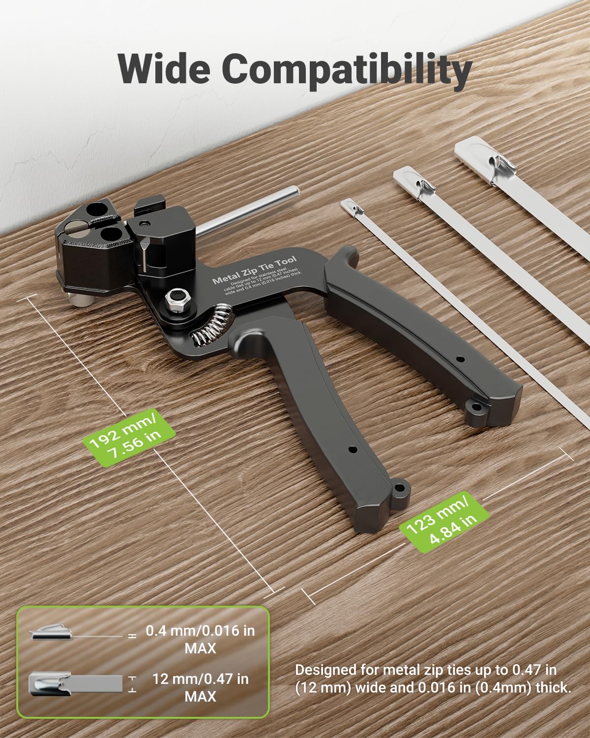 LEENUE metal cable tie gun ergonomic handle reduces hand fatigue.