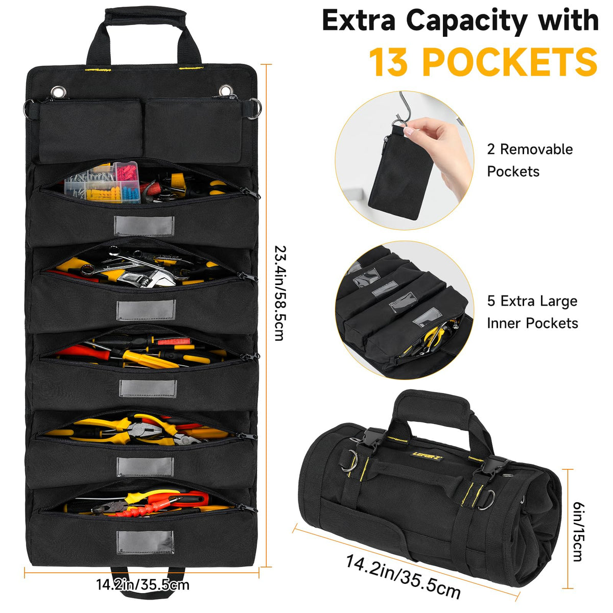 LEFOR·Z tool bag with 13 pockets in use and detachable pouches for easy tool sharing