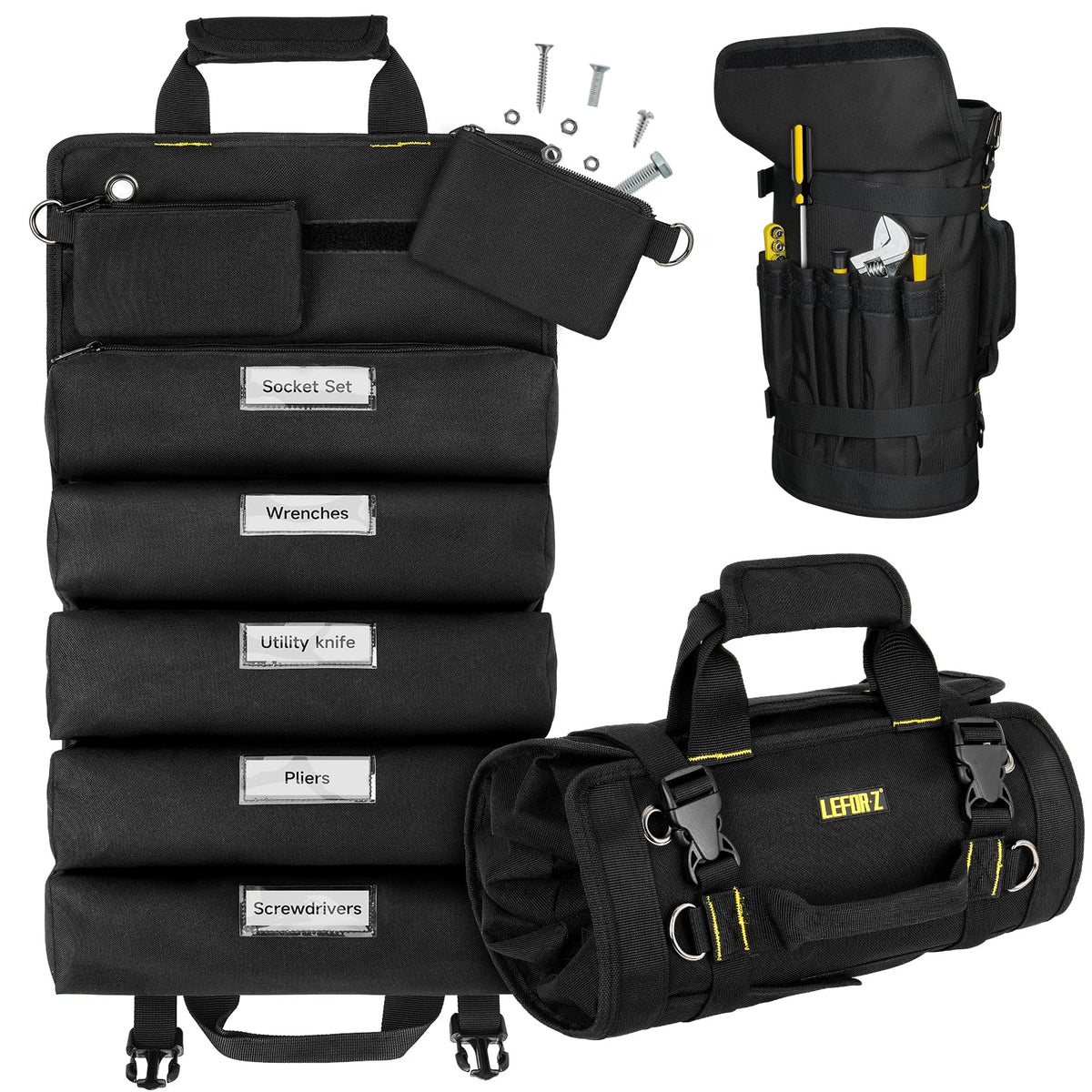 LEFOR·Z tool bag large roll-up bag open, organized compartments for quick access on job sites
