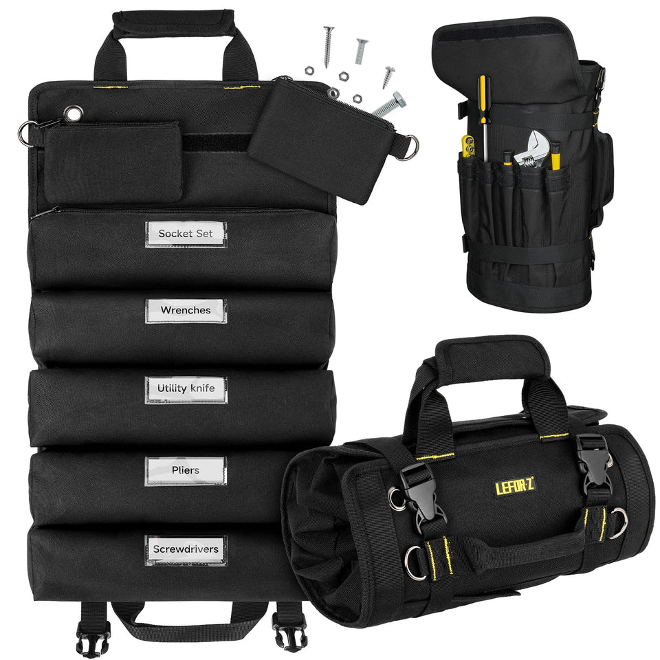 LEFOR·Z tool bag large roll-up bag open, organized compartments for quick access on job sites