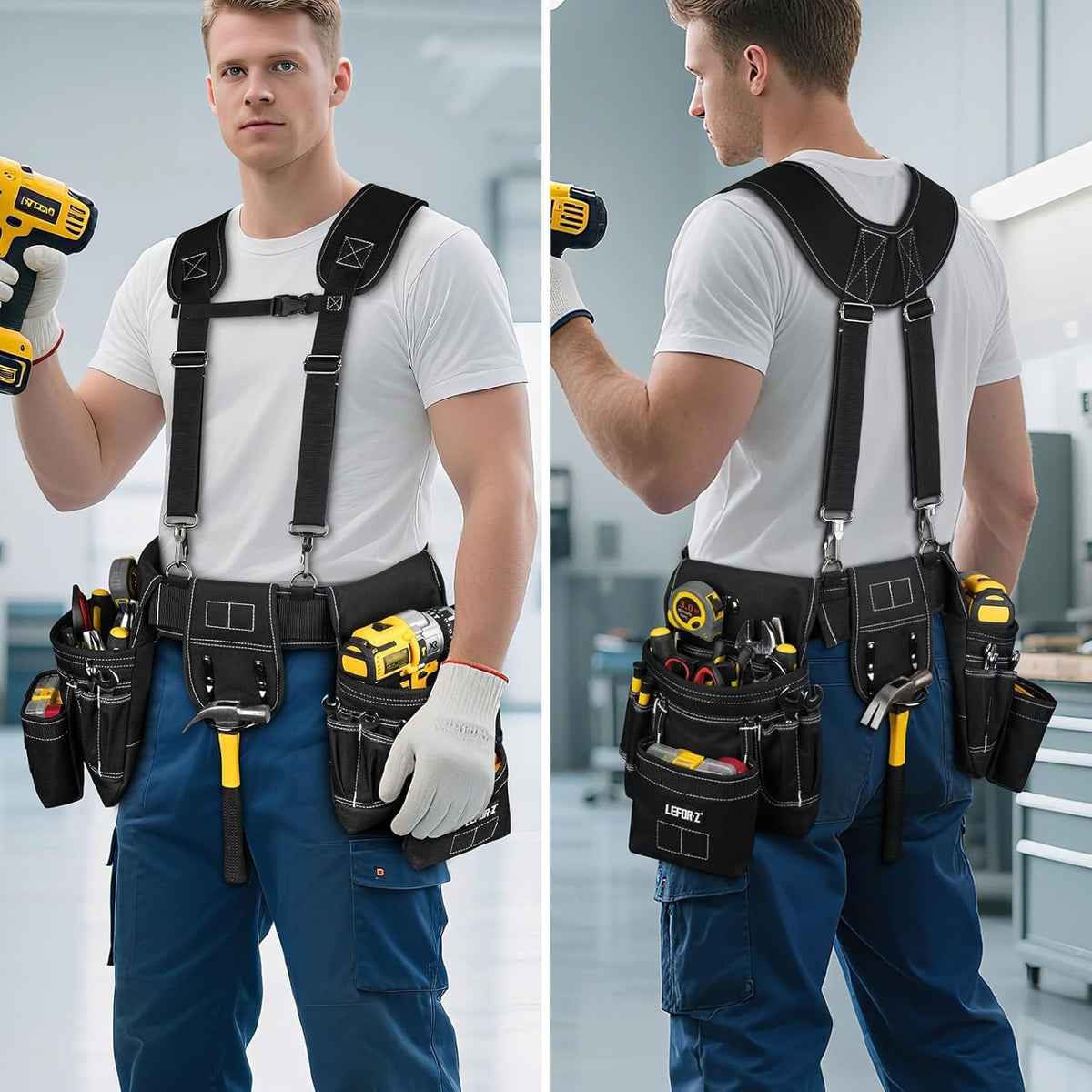 LEFORZ 27-pocket utility belt organized for electricians, carpenters, and builders.