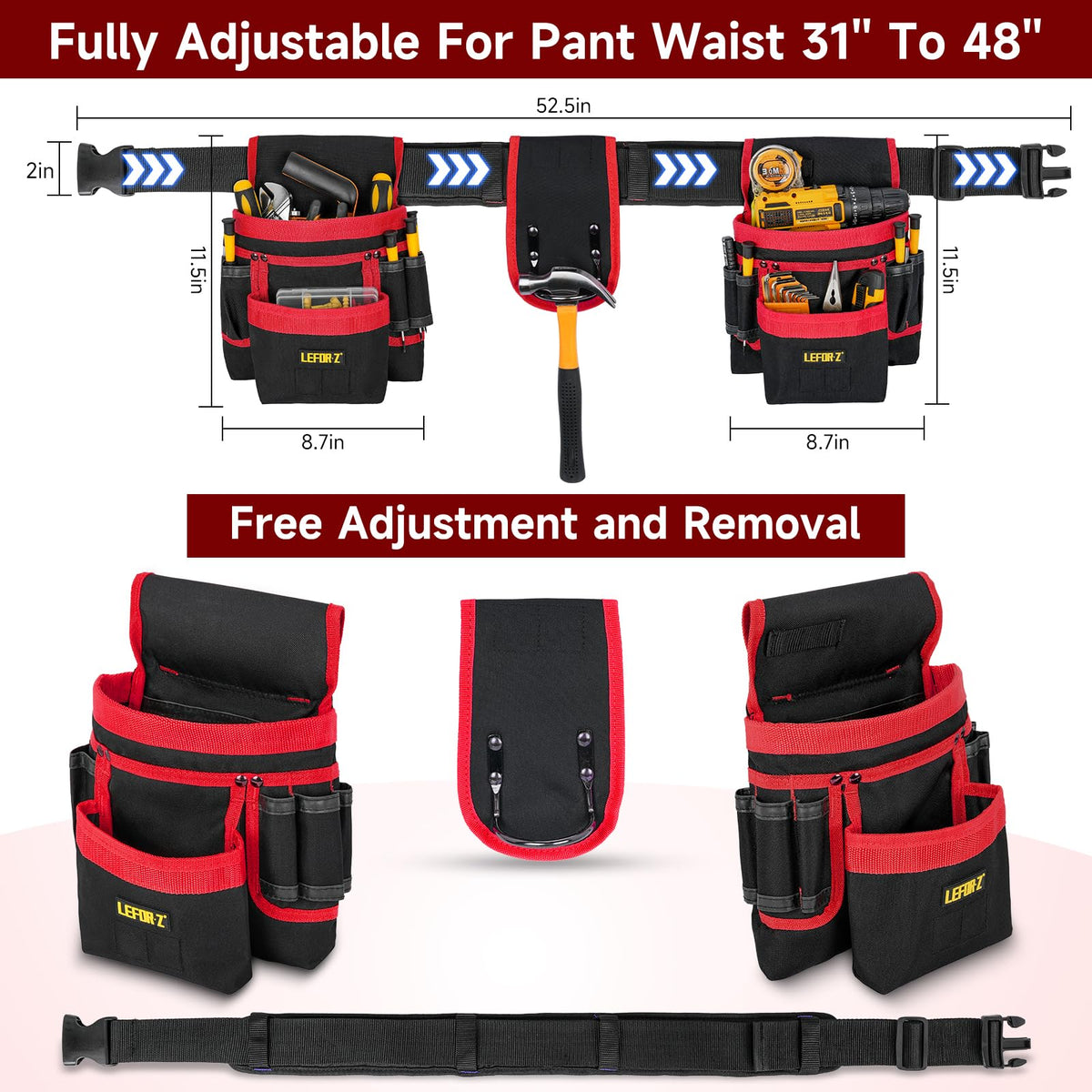 LEFOR·Z tool belt 27 pockets layout keeps nails and screws organized.
