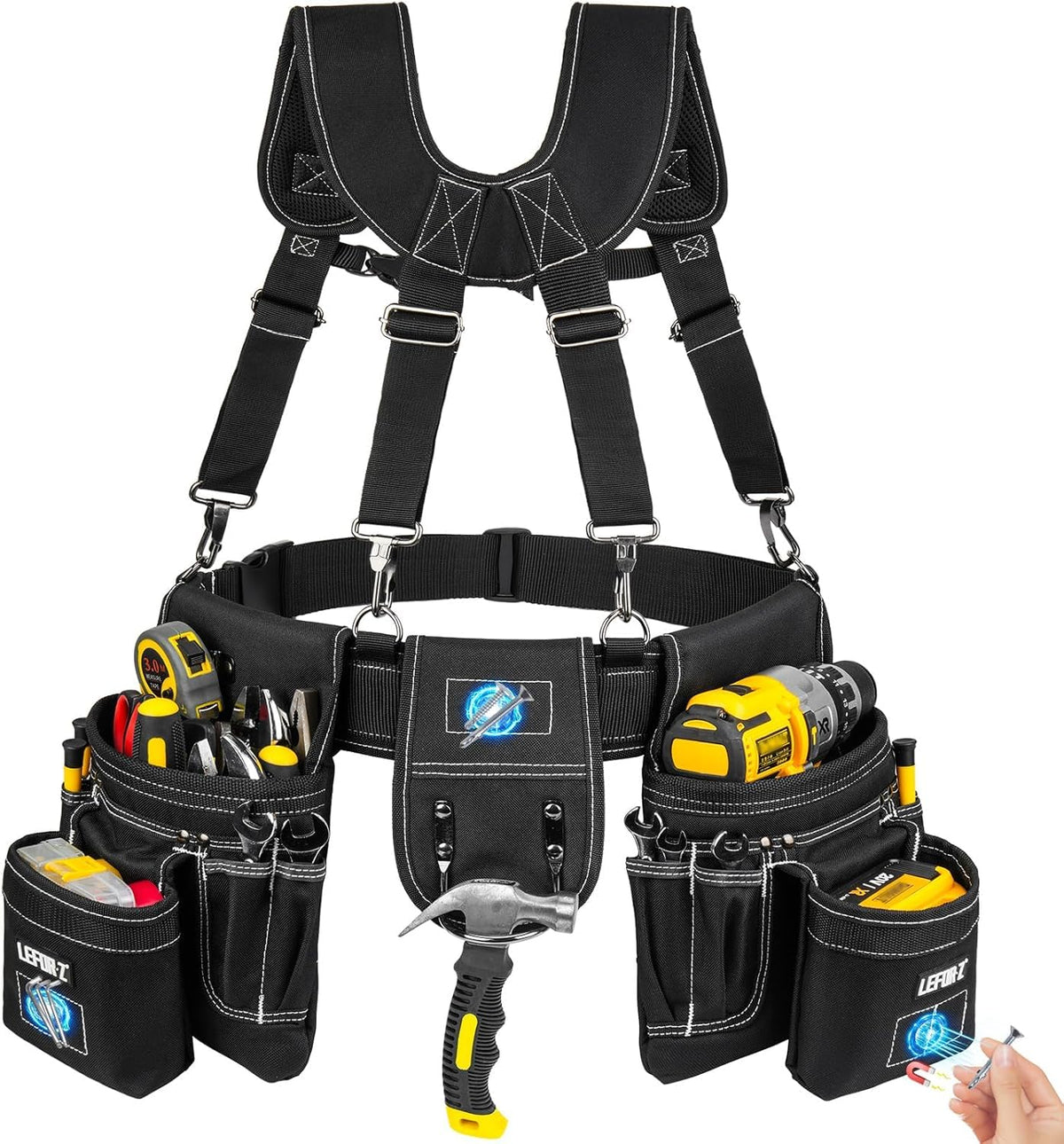 LEFORZ tool belt with suspenders showing balanced weight distribution for comfort during long projects.