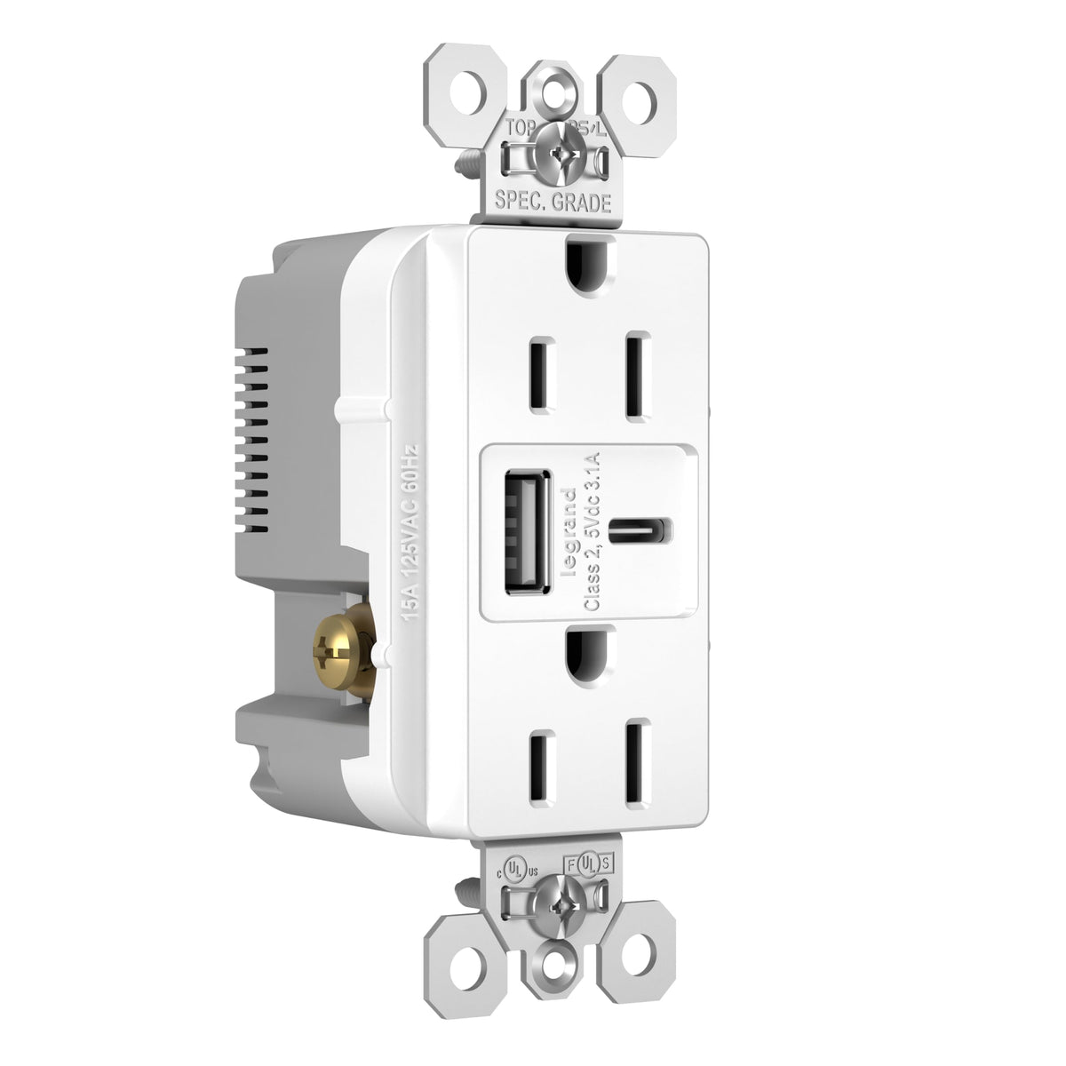 Legrand Pass Seymour Radiant outlet with USB charging on white outdoor wall, ideal for decks and patios