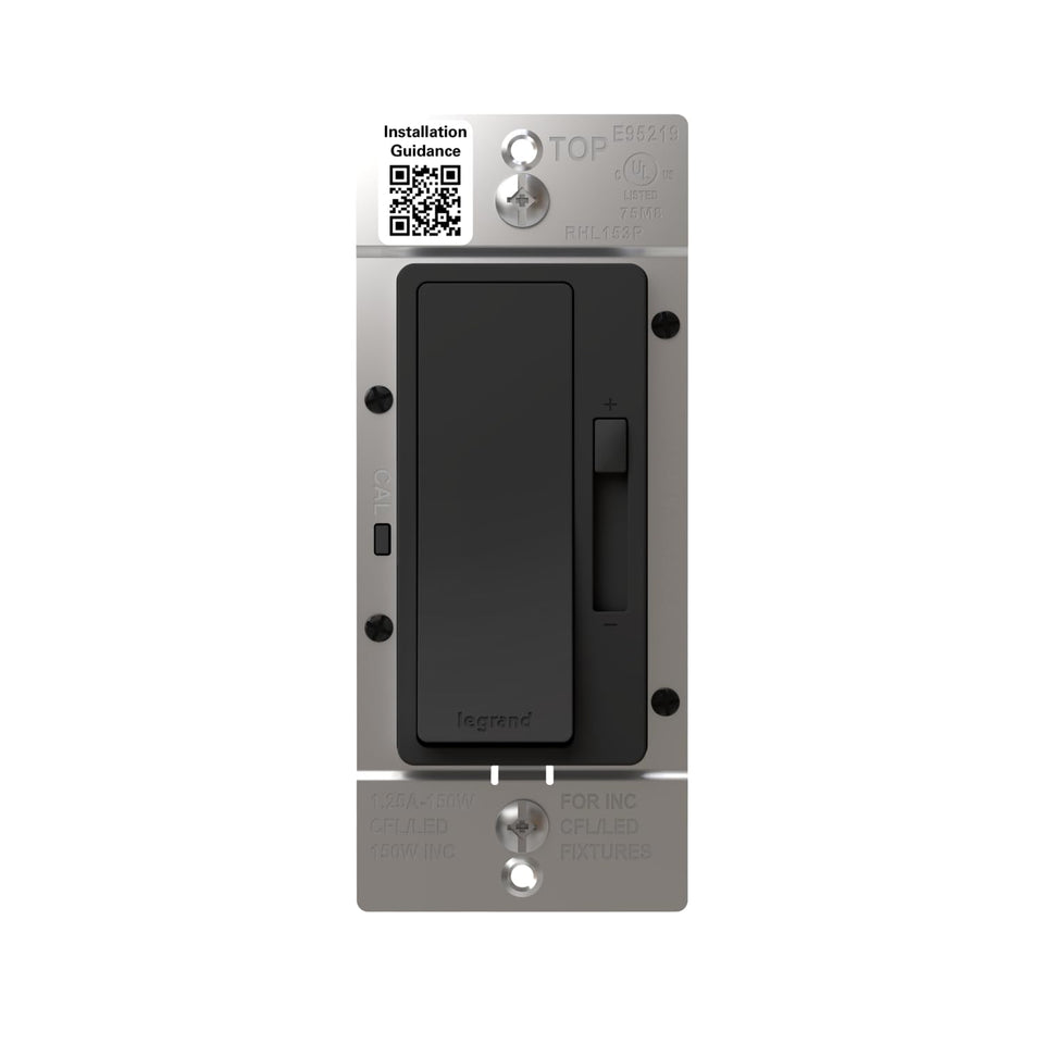 Legrand Radiant 150W Dimmer front view showing sleek black finish and precise dimming control