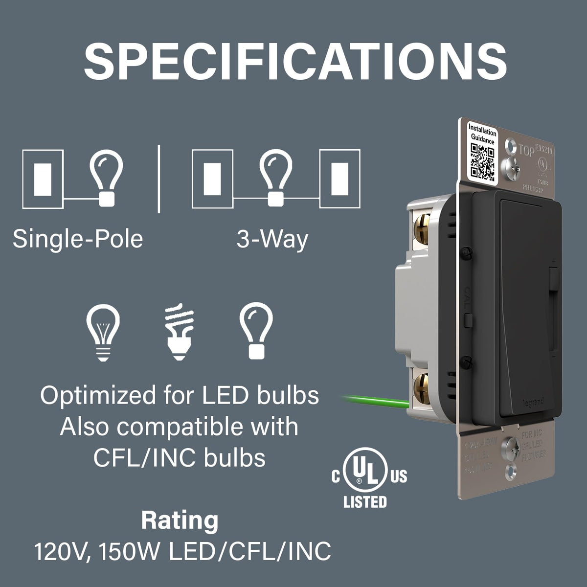 Legrand Radiant dimmer with LED locator visible for easy identification in dimmer placement