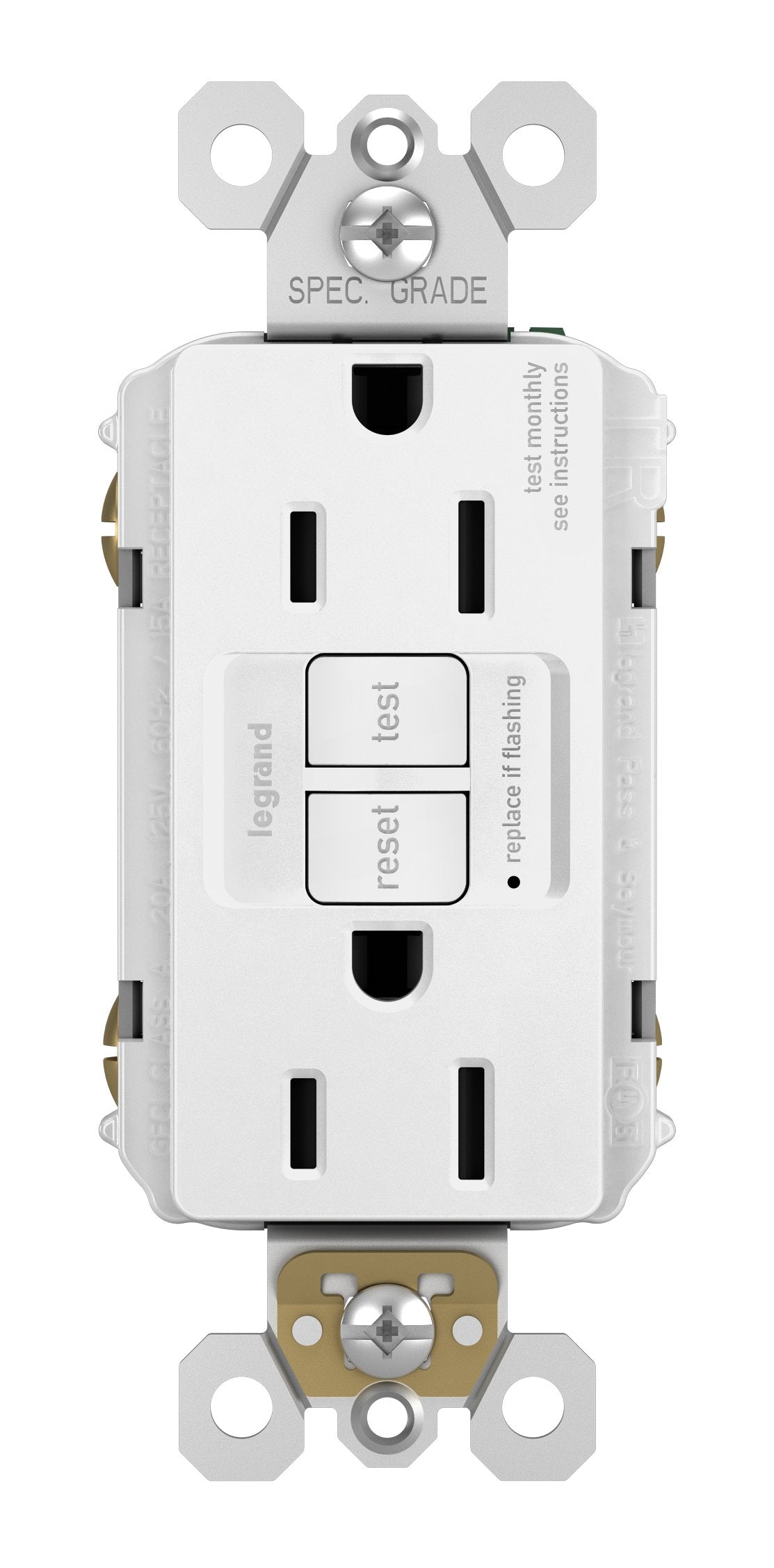Legrand Radiant GFCI outlet front view with self-test capability for reliable protection
