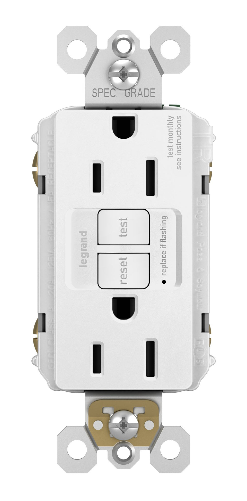 Legrand Radiant GFCI outlet front view with self-test capability for reliable protection