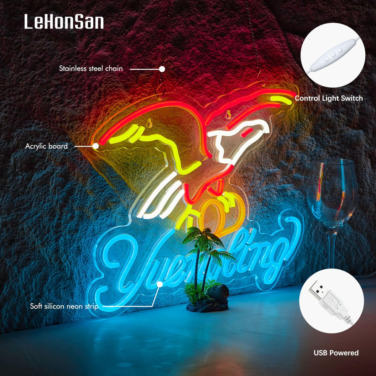 LeHonSan Eagle neon sign easily hangs with predrilled holes for quick display.