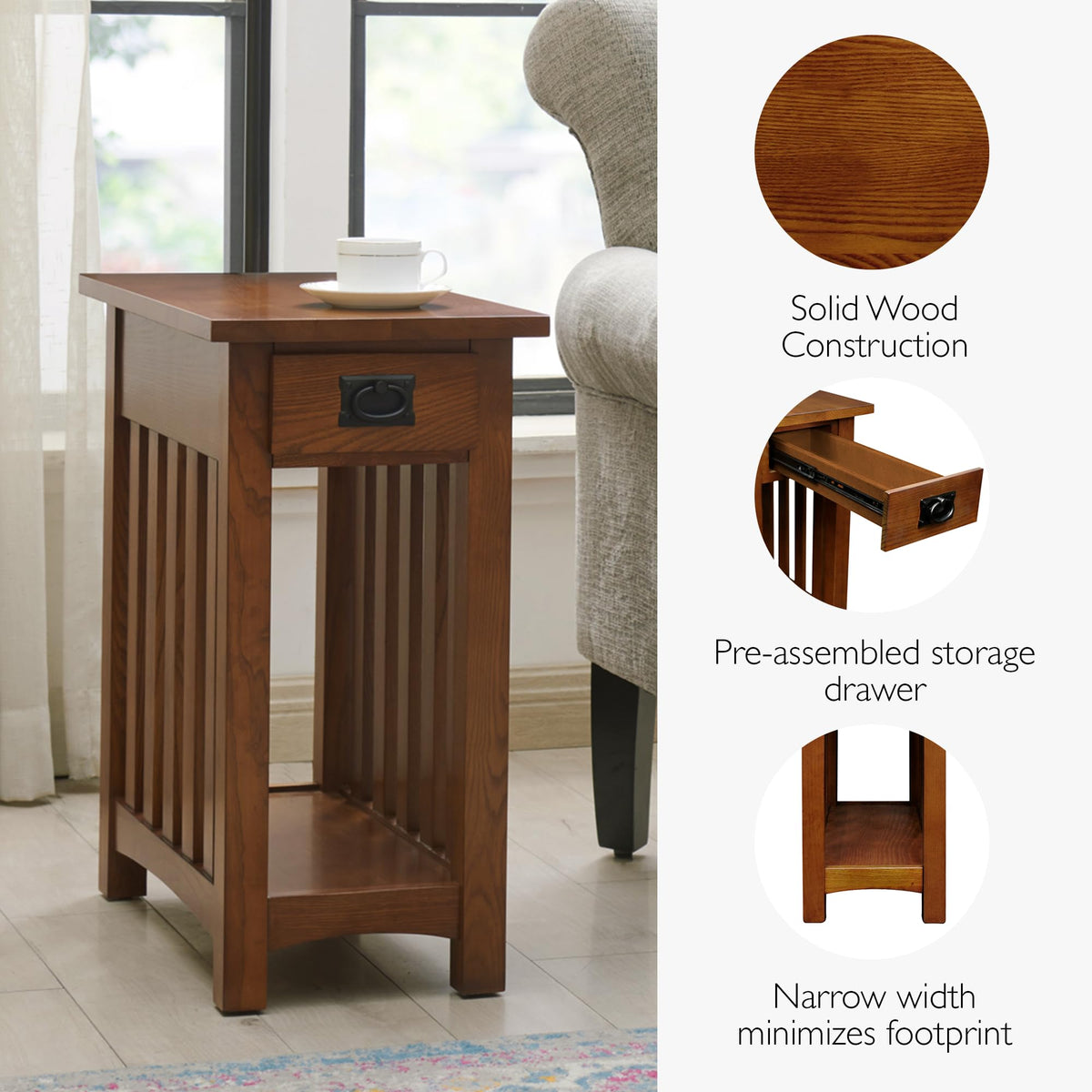 Leick Home Mission End Table bottom shelf displays books and decor within easy reach.