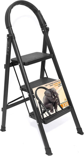 LEIMO KPARTS 3-Step Ladder folds compactly for easy storage.
