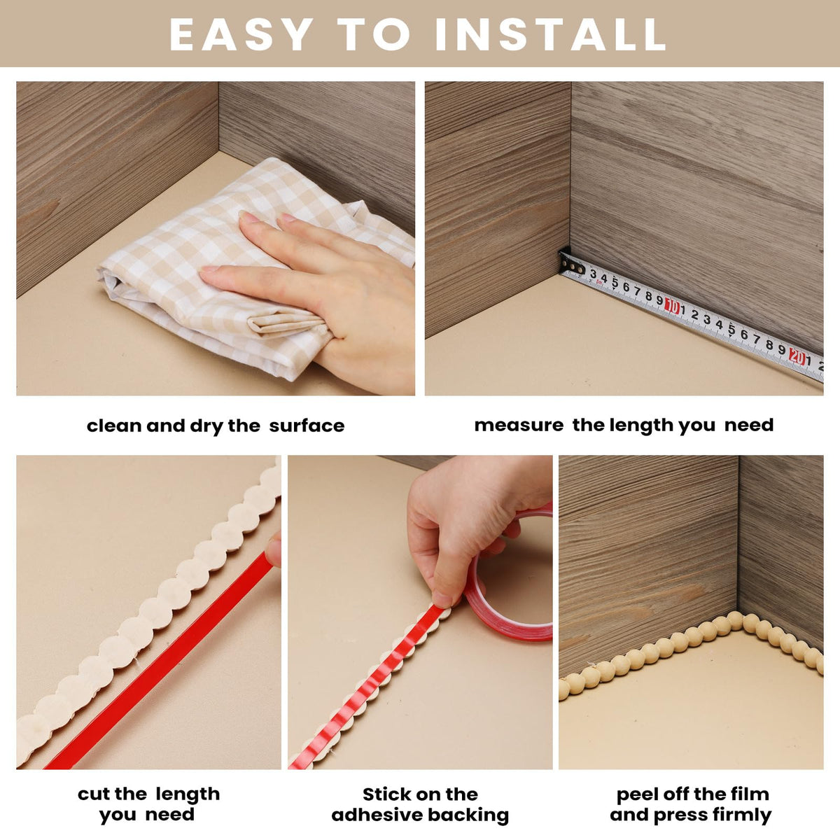 Leinuosen DIY molding trim helps refresh cabinets and TV walls.
