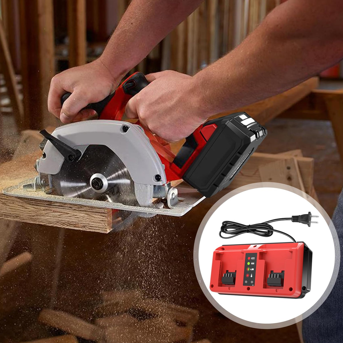 Leisuda compact charger is portable for home or job sites.