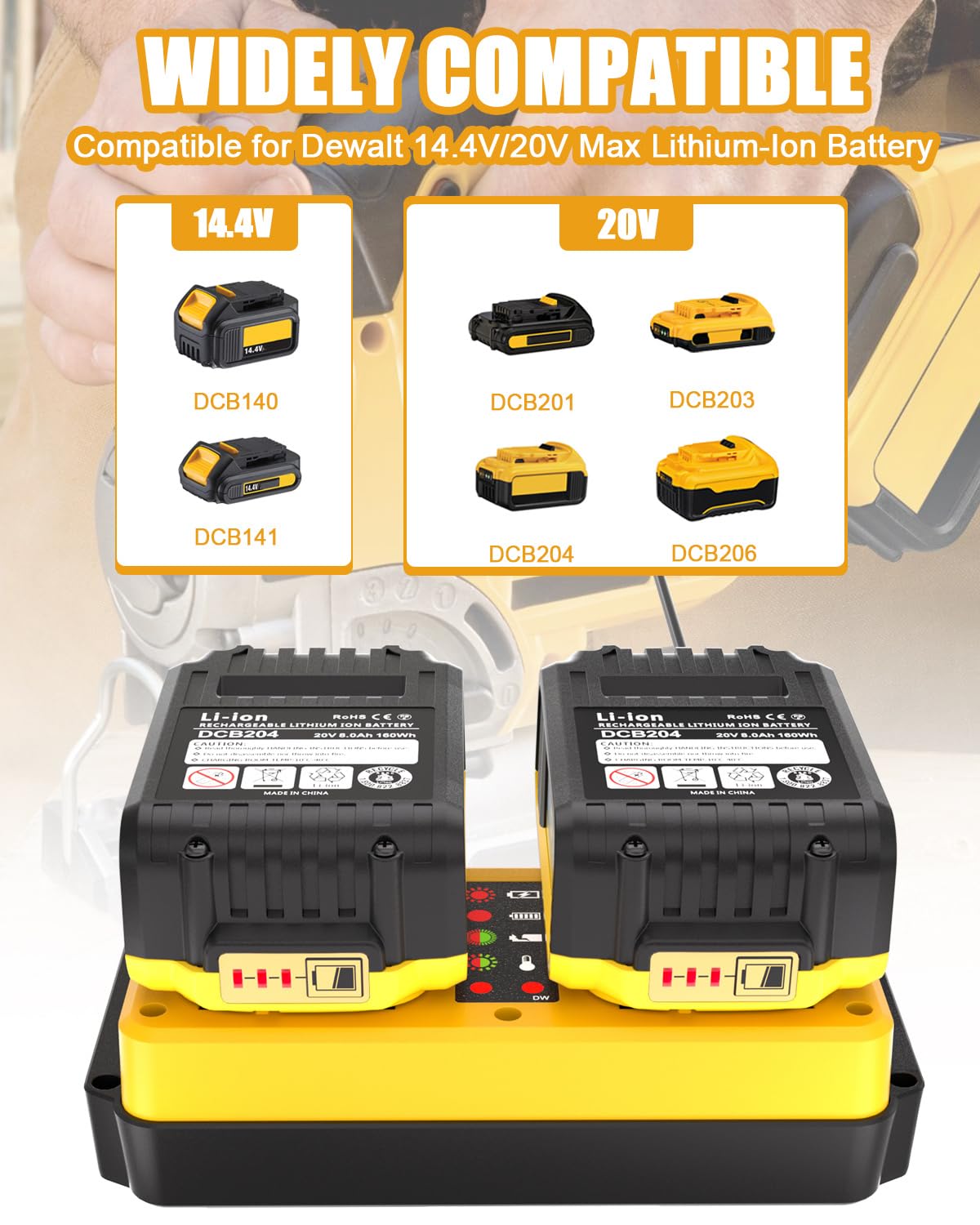 Leisuda compatible with DeWalt 14.4V/20V batteries across DCB series.